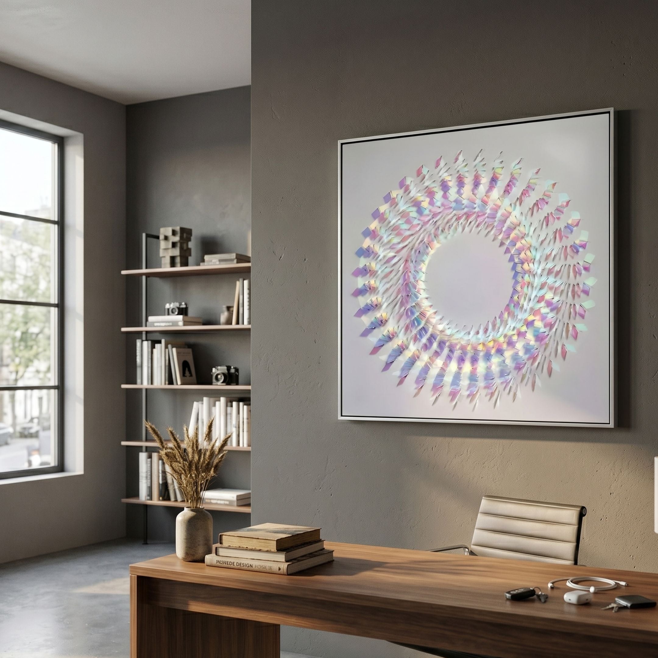 Lumira Iridescent Circular Acrylic 3D Wall Art by Giant Sculptures displayed above a wooden desk in a modern office with bookshelf and window nearby.
