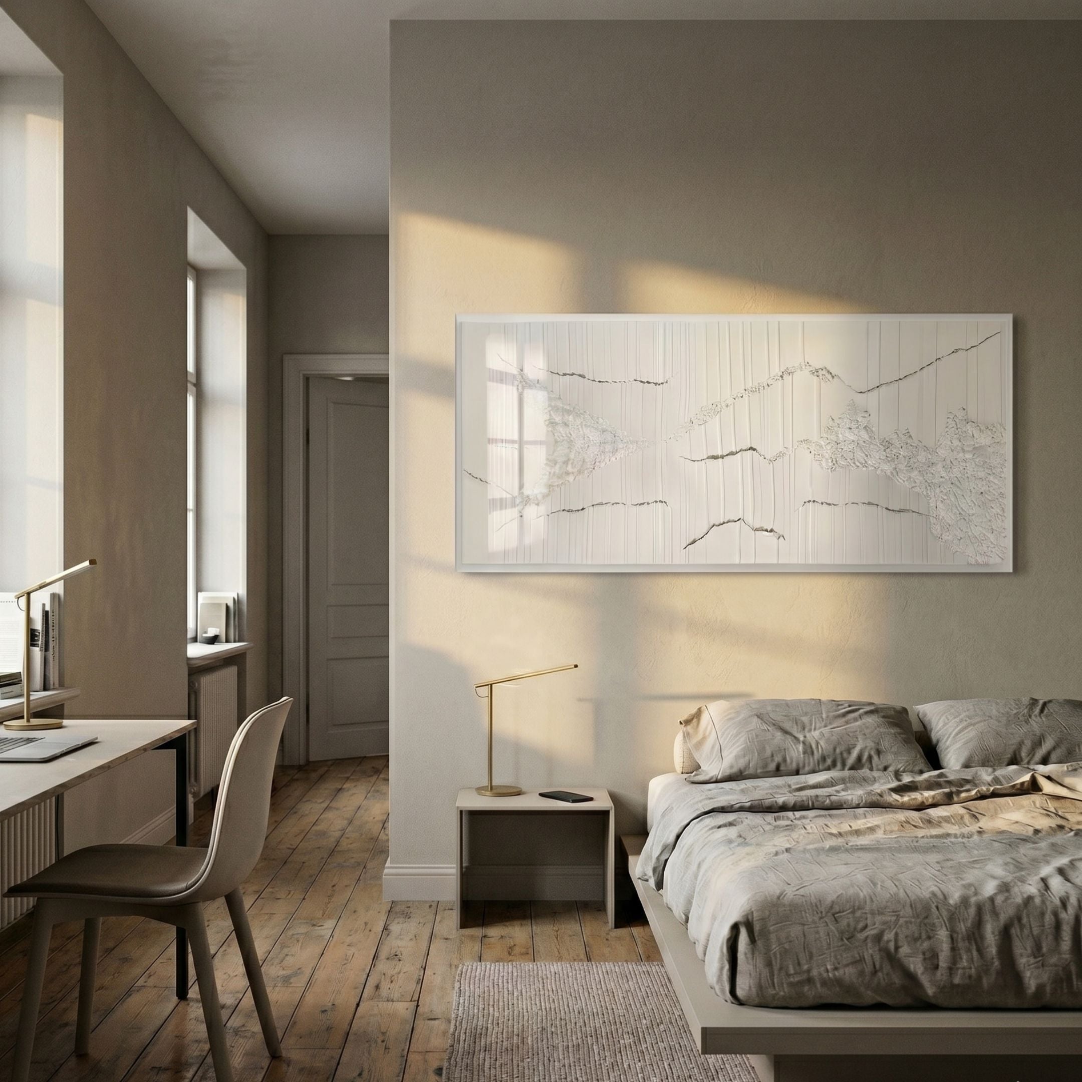 Alvarin I Cream Minimalist Felt & Acrylic 3D Wall Art mounted above a grey linen bed in a wabi-sabi bedroom with oak floors and a nearby desk.