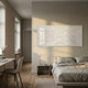 Alvarin I Cream Minimalist Felt & Acrylic 3D Wall Art mounted above a grey linen bed in a wabi-sabi bedroom with oak floors and a nearby desk.