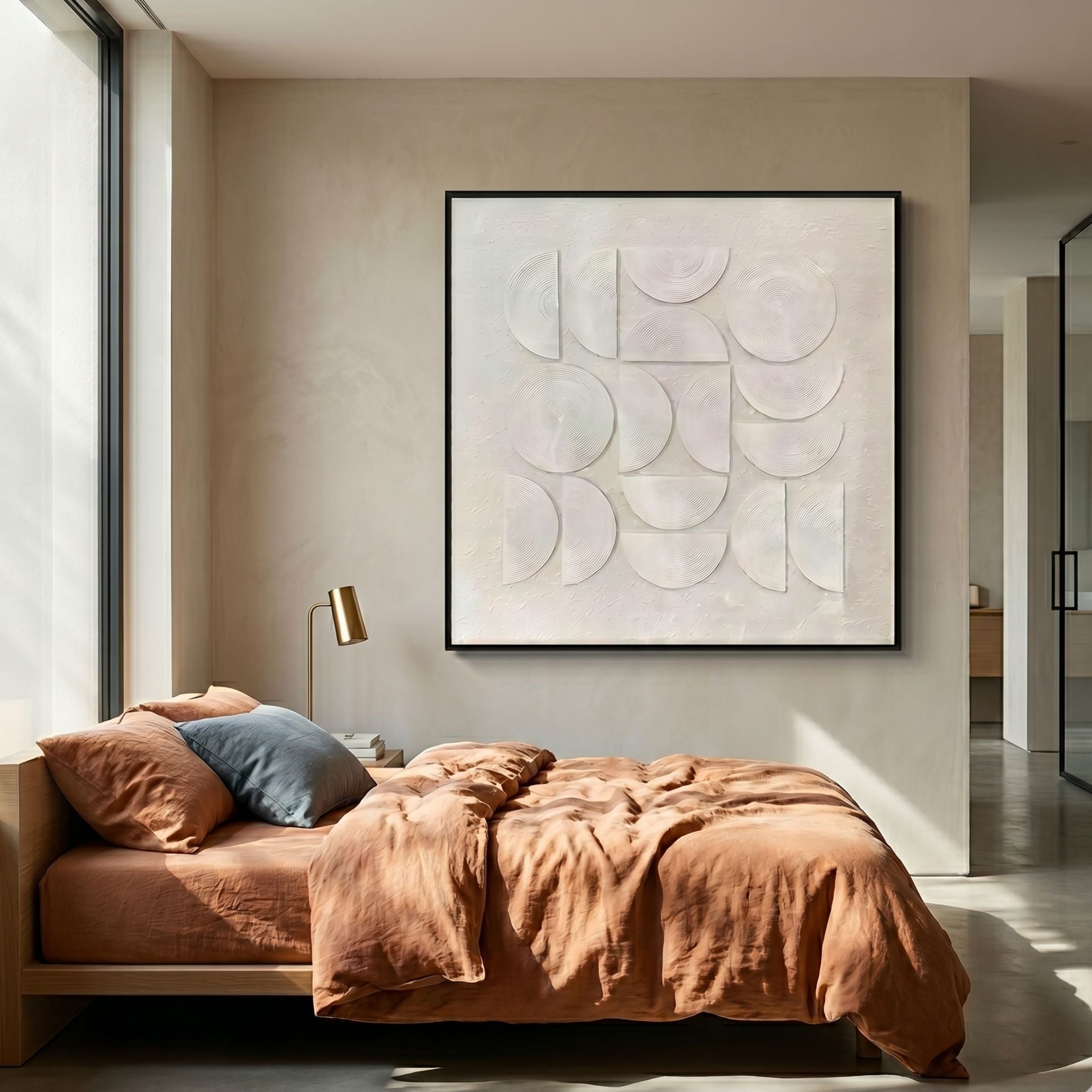 Sonique Cream Geometric Wood Relief 3D Wall Art by Giant Sculptures hung above a wooden bed with terracotta linen in a sunlit modern bedroom.