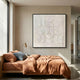 Sonique Cream Geometric Wood Relief 3D Wall Art by Giant Sculptures hung above a wooden bed with terracotta linen in a sunlit modern bedroom.