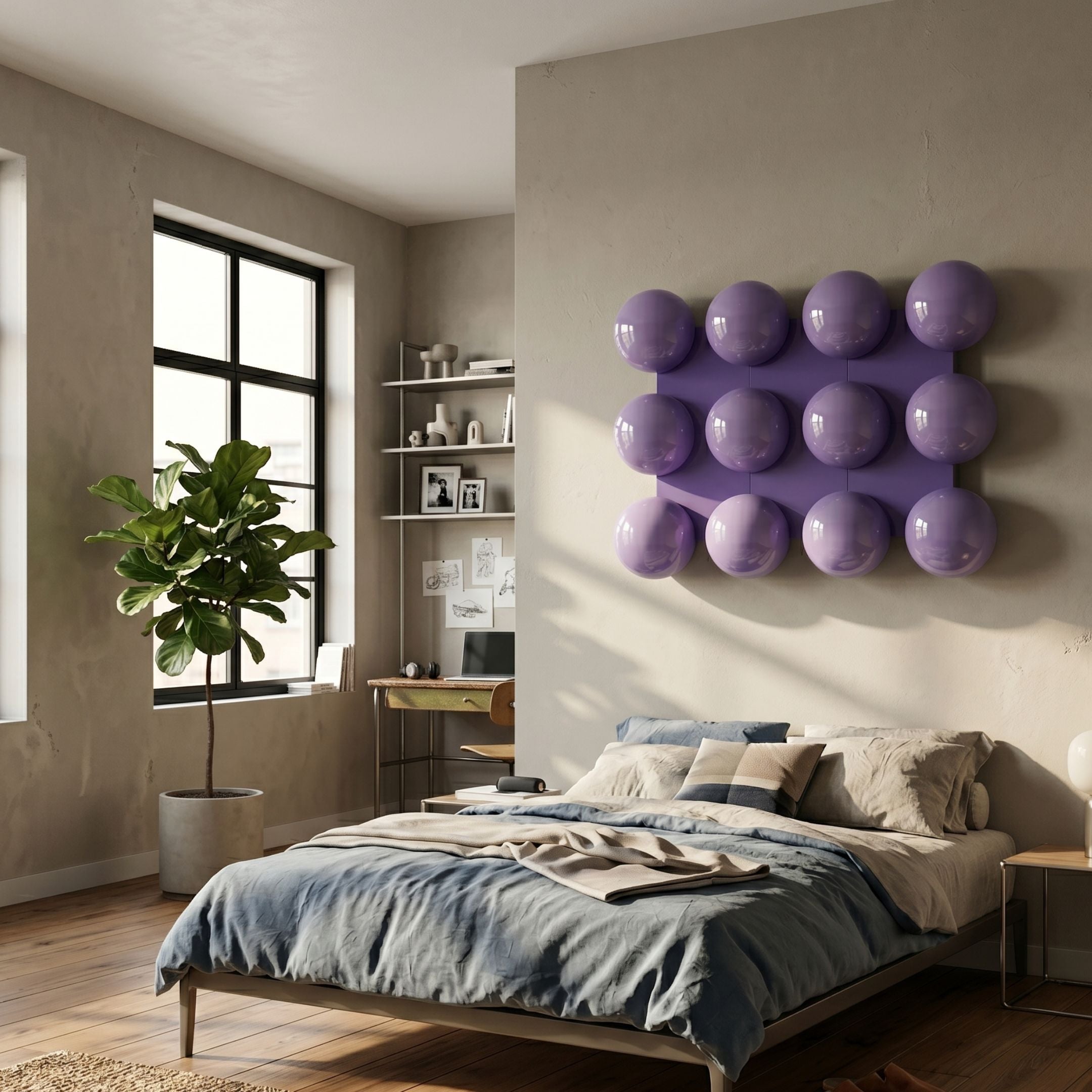 Orbessa Violet Bubble Grid Rectangle Acrylic 3D Wall Art by Giant Sculptures mounted above a bed in a modern bedroom with a fiddle-leaf fig and desk nook.
