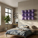 Orbessa Violet Bubble Grid Rectangle Acrylic 3D Wall Art by Giant Sculptures mounted above a bed in a modern bedroom with a fiddle-leaf fig and desk nook.