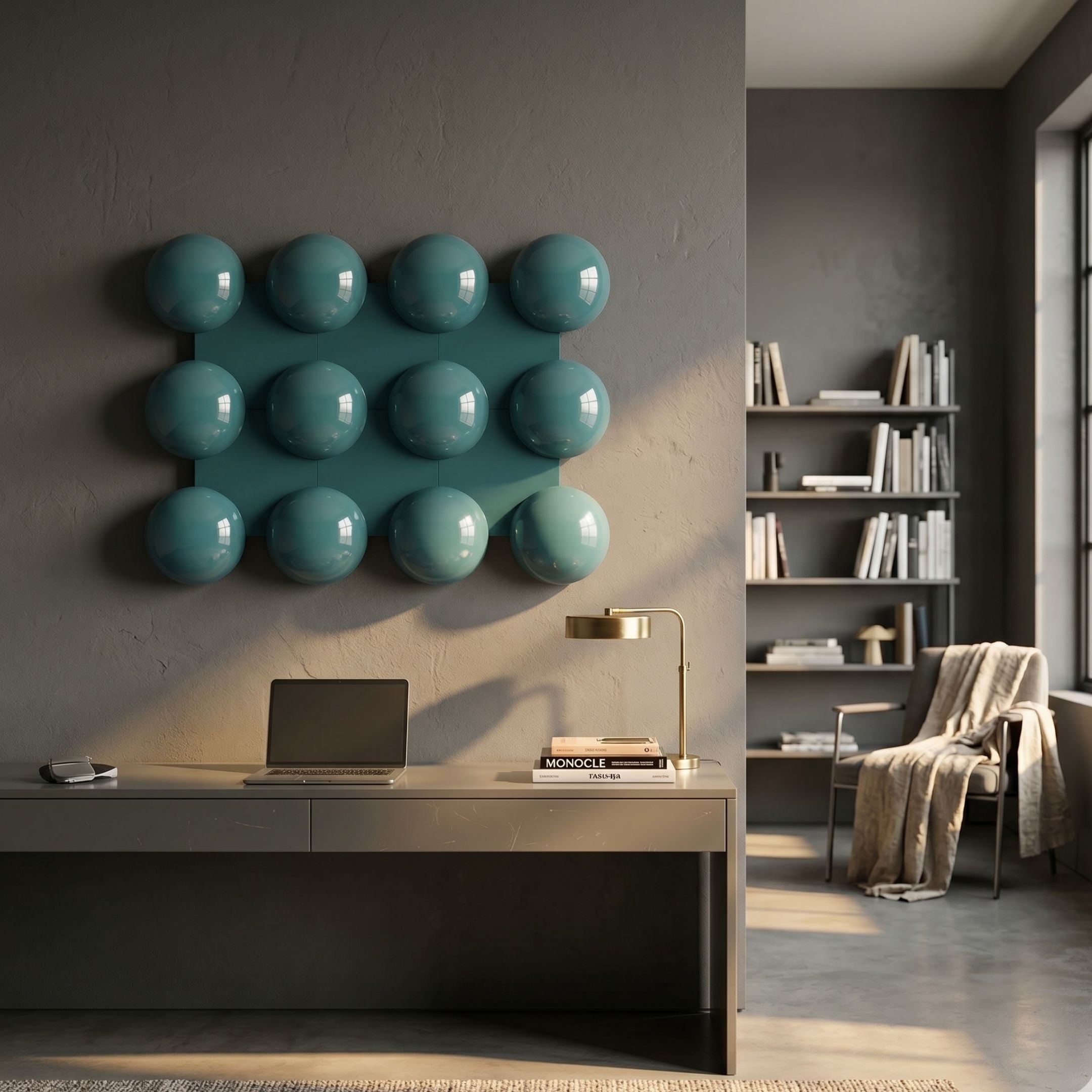 Orbessa Teal Bubble Grid Rectangle Acrylic 3D Wall Art by Giant Sculptures mounted above a taupe desk with laptop and brass lamp in a modern grey office.