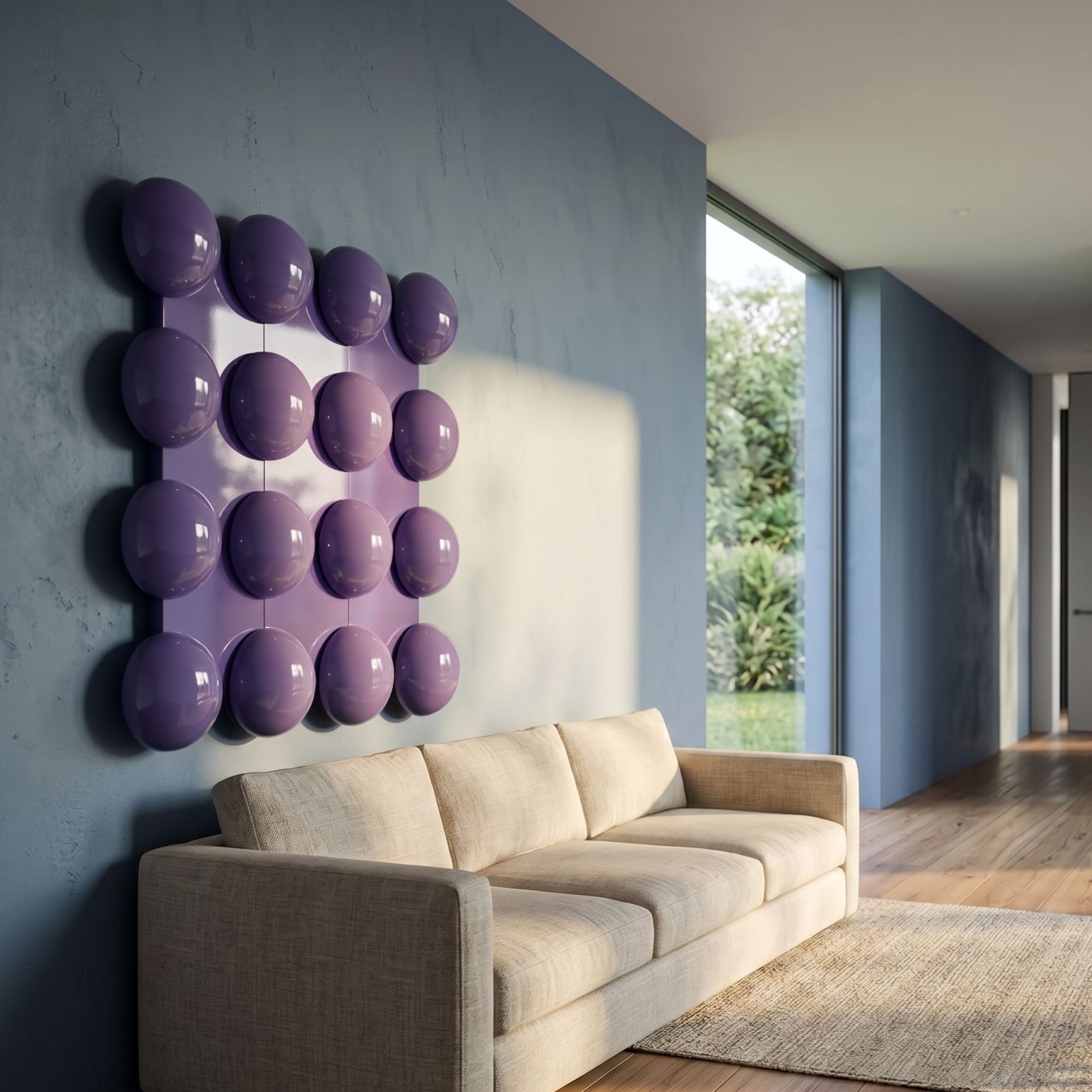 Orbessa Violet Bubble Grid Square Acrylic 3D Wall Art by Giant Sculptures displayed above a beige sofa on a grey wall beside a garden-view window.