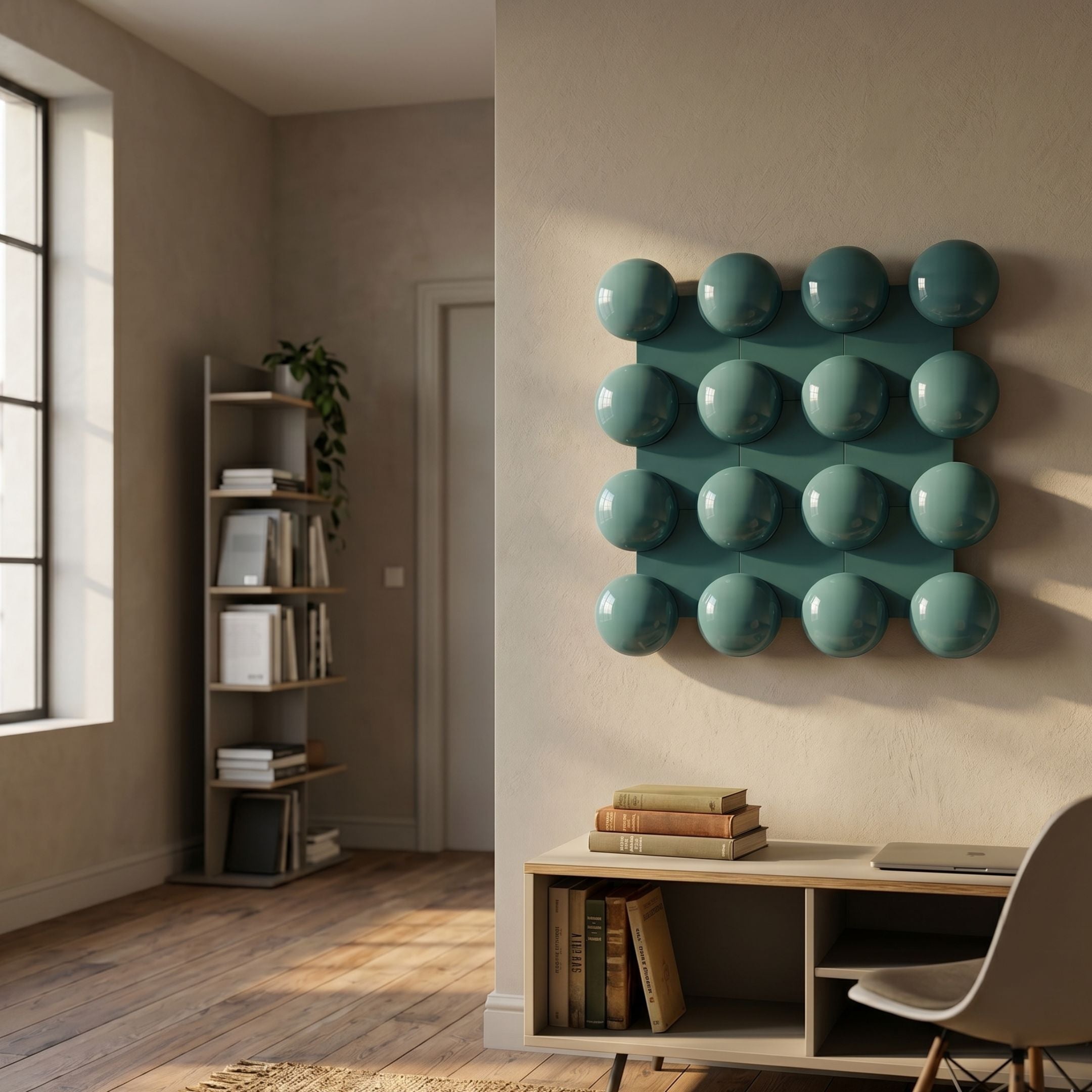 Orbessa Green Bubble Grid Square Acrylic 3D Wall Art by Giant Sculptures mounted on a cream wall above a low wooden console in a sunlit modern room.
