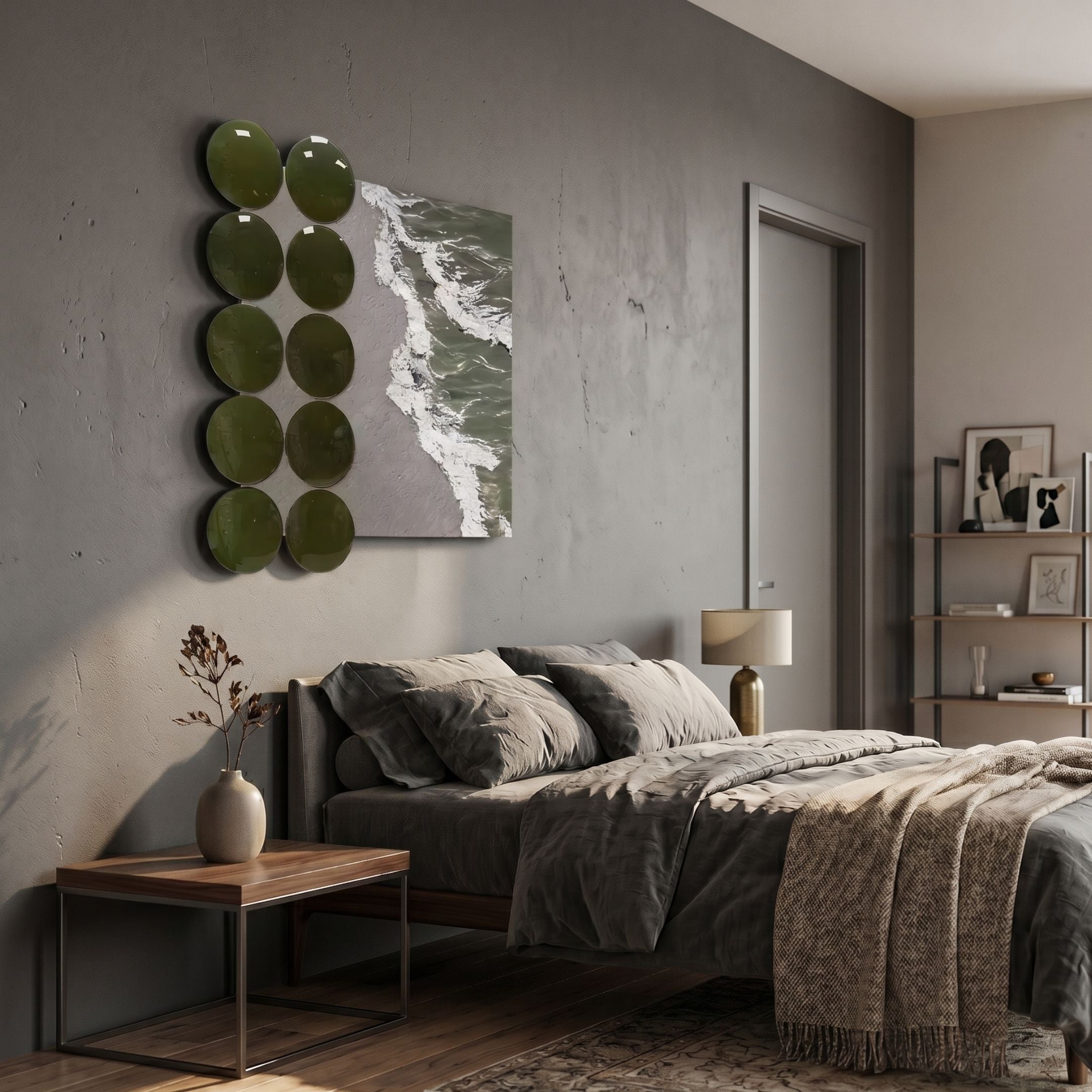 Tidelune Olive Green Acrylic Disc & Tidal Scene 3D Wall Art by Giant Sculptures mounted above a grey linen bed with brass lamp and walnut side table.