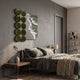 Tidelune Olive Green Acrylic Disc & Tidal Scene 3D Wall Art by Giant Sculptures mounted above a grey linen bed with brass lamp and walnut side table.