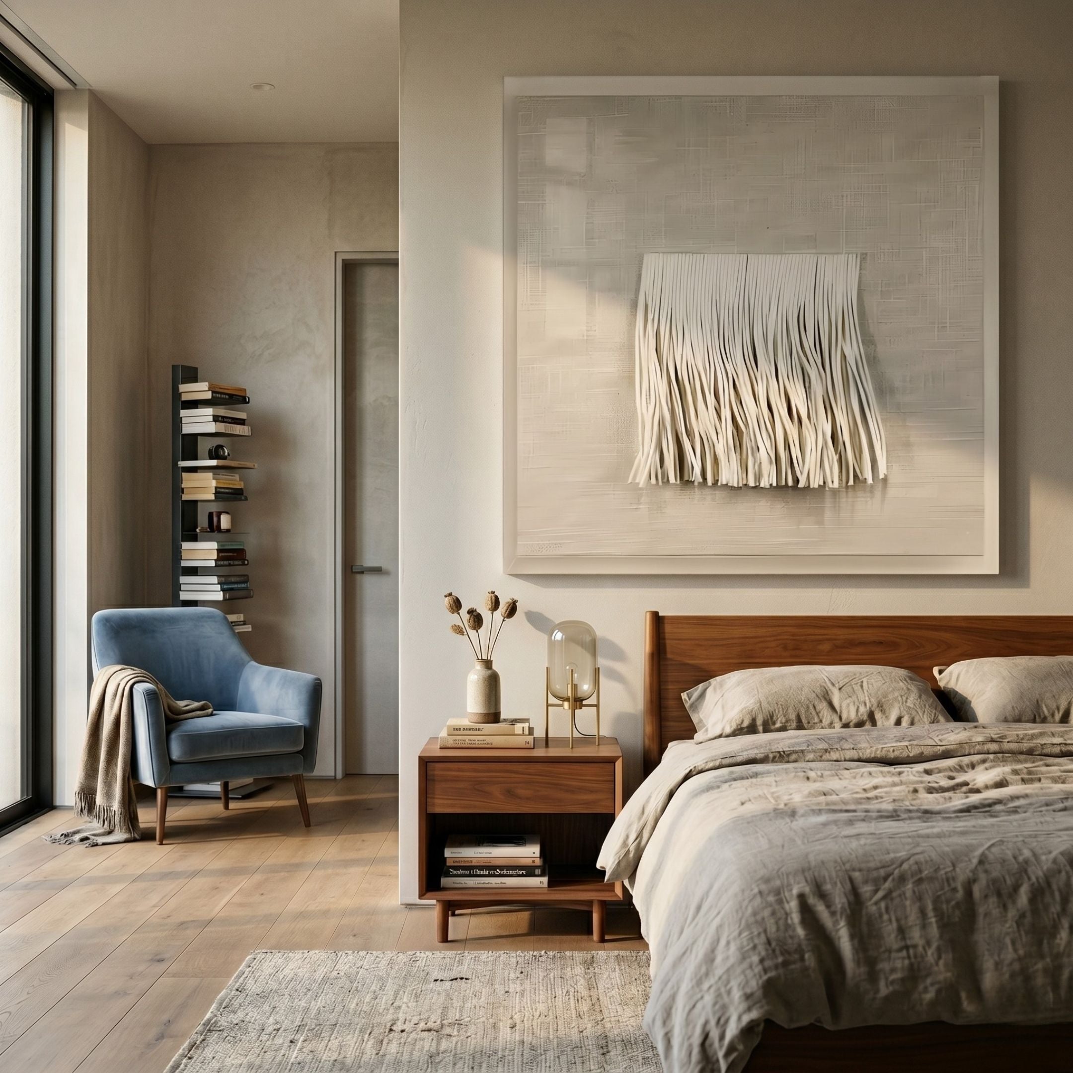 Lineora Fringe Cream Paper 3D Wall Art by Giant Sculptures mounted above a walnut nightstand in a modern bedroom with a blue armchair and linen bedding.