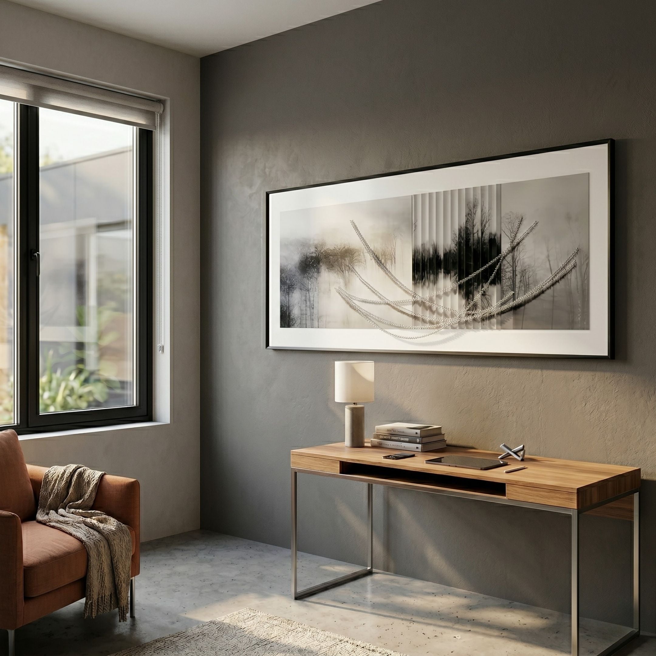 Mistara Monochrome Forest Acrylic & Crystal Beads 3D Wall Art by Giant Sculptures displayed above a wooden console desk in a modern grey-walled room.