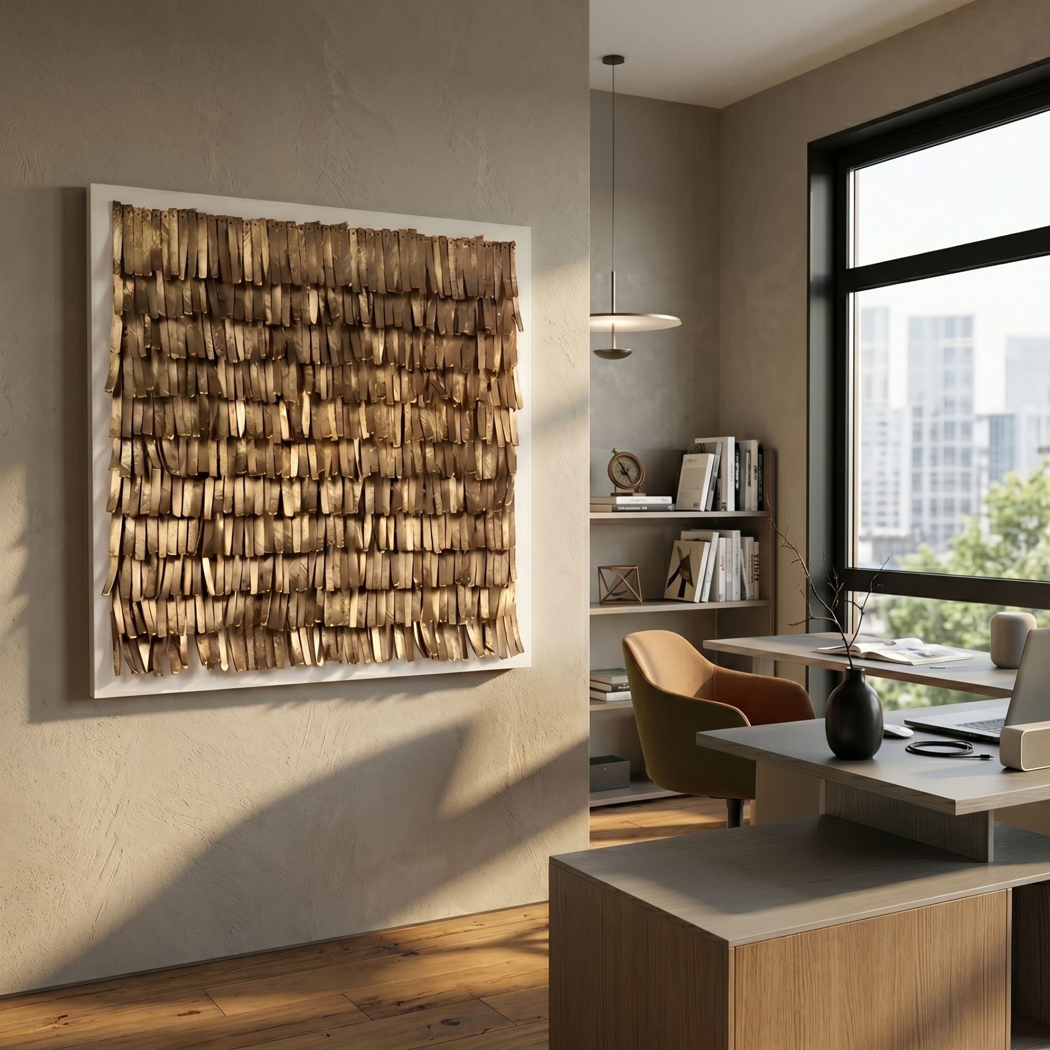Frondra Bronze Layered Leather 3D Wall Art by Giant Sculptures displayed in a modern home office with desk, chair, bookshelf, and large window.