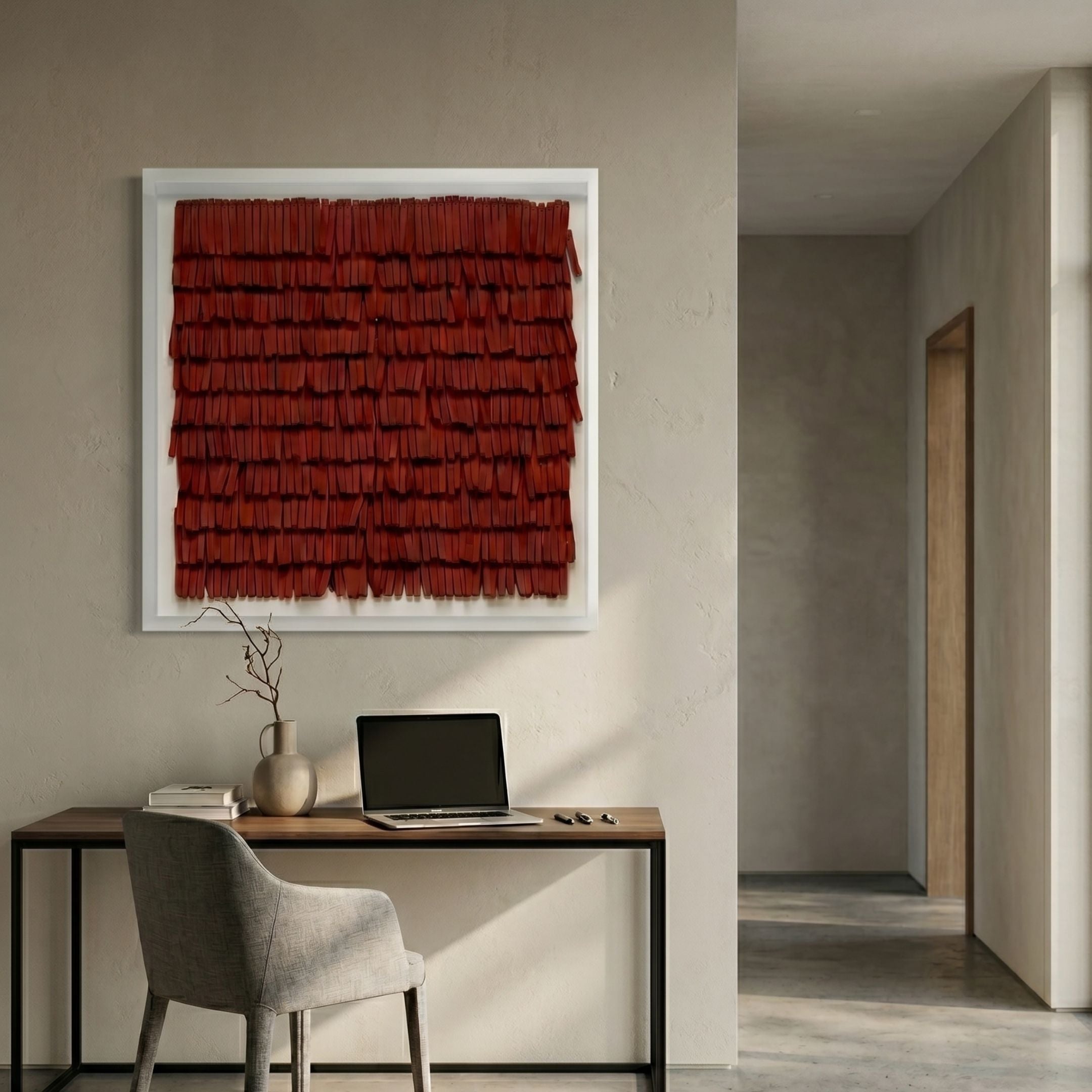 Frondra Brick Red Layered Leather 3D Wall Art by Giant Sculptures in a clear frame, mounted above a wooden desk with laptop, vase, and grey chair.