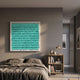 Frondra Aqua Layered Leather 3D Wall Art by Giant Sculptures displayed above a grey linen bed beside a wooden bookshelf with brass lamp in a modern bedroom.