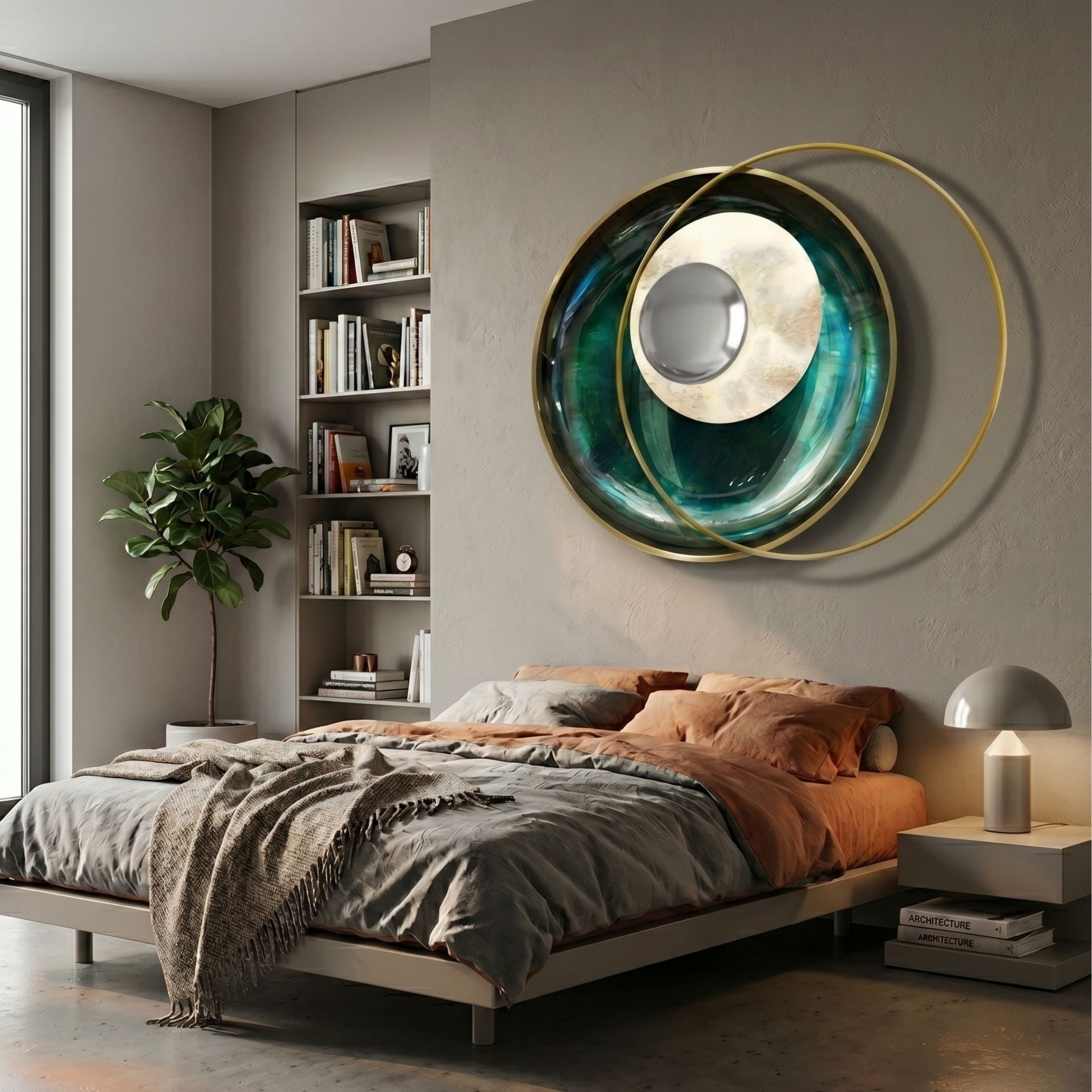 Solvata Emerald Orbit & Metal Ring 3D Wall Art by Giant Sculptures mounted above a bed with grey and orange linens, beside a bookshelf and fiddle leaf plant.