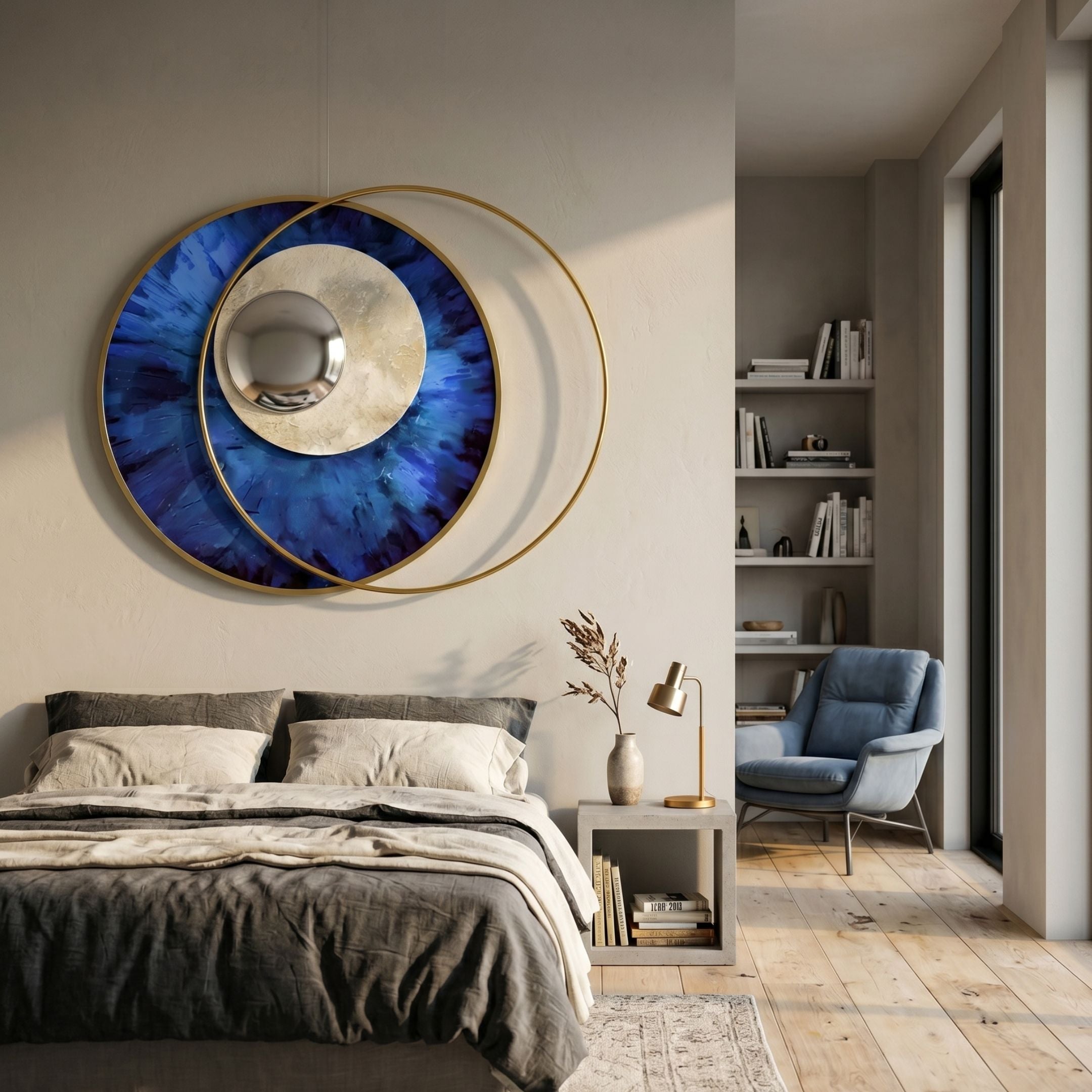 Giant Sculptures Solvata Sapphire Orbit & Metal Ring 3D Wall Art with textured blue disc, silver core and gold rings above a bed beside a blue armchair.