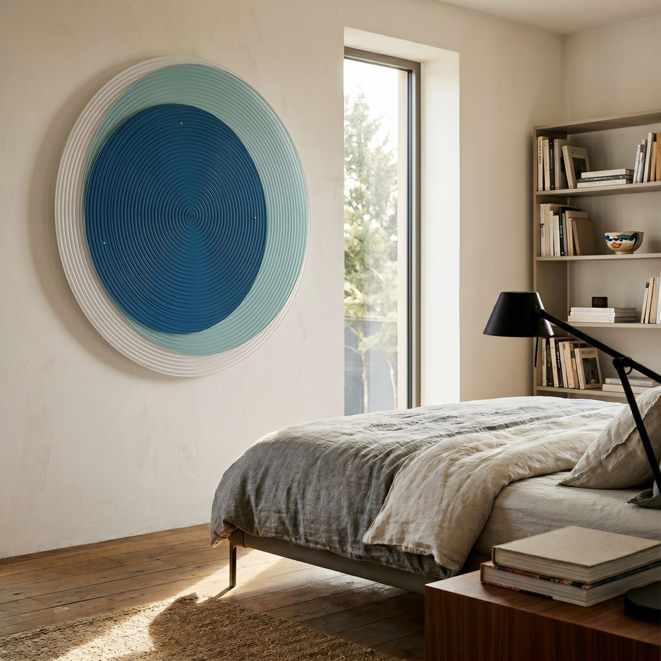 Volyra Sky Blue Disc Wood & Acrylic 3D Wall Art with concentric blue and white rings mounted above a linen bed in a sunlit bedroom with bookshelf.