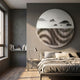 Skara Grey Isles & Monochrome Ripple Acrylic 3D Wall Art by Giant Sculptures, a round piece with misty peaks above rippled slats, mounted in a bedroom.