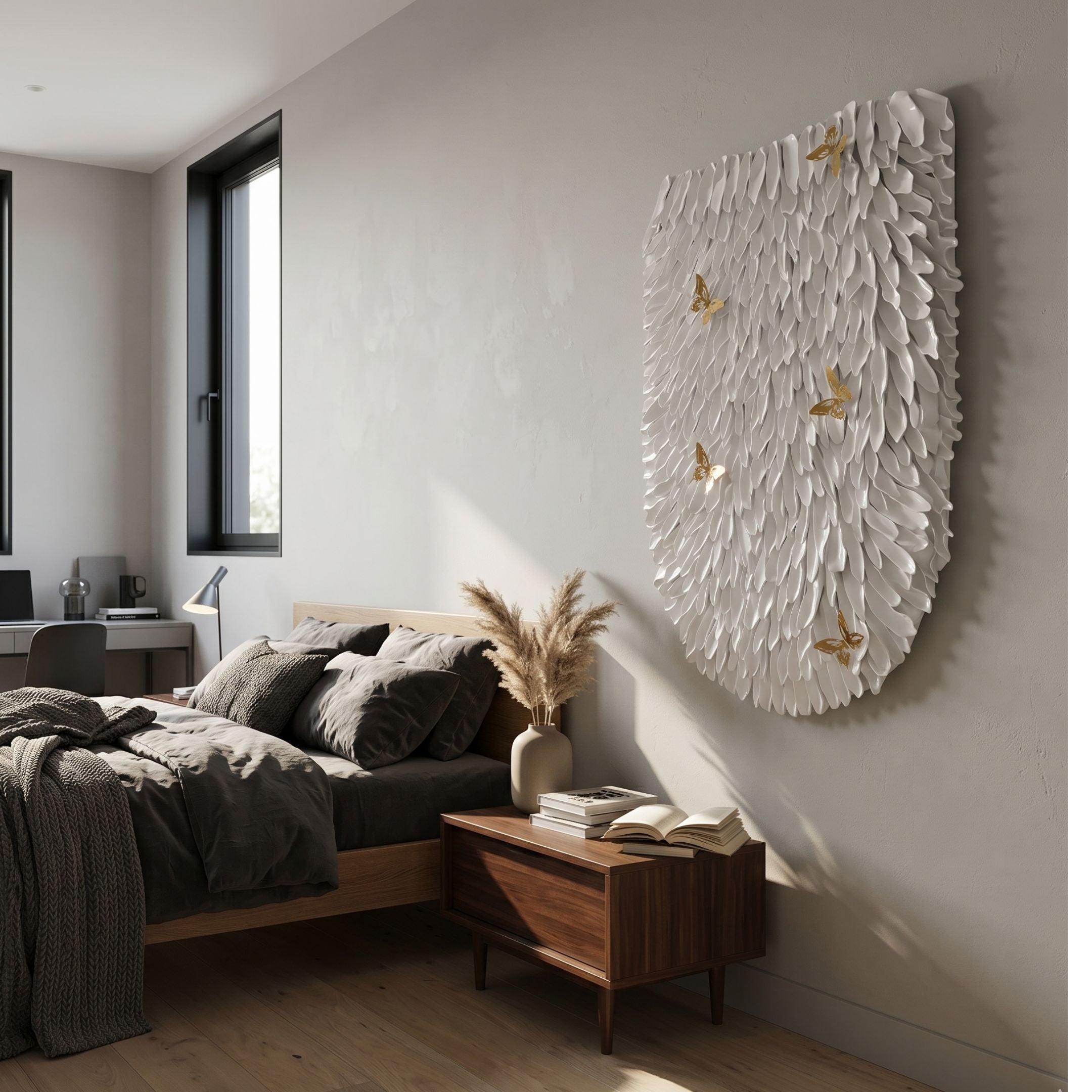 Papillara Gold Butterfly Feathered Acrylic 3D Wall Art with layered white plumes and gold butterflies, mounted above a walnut nightstand in a modern bedroom.