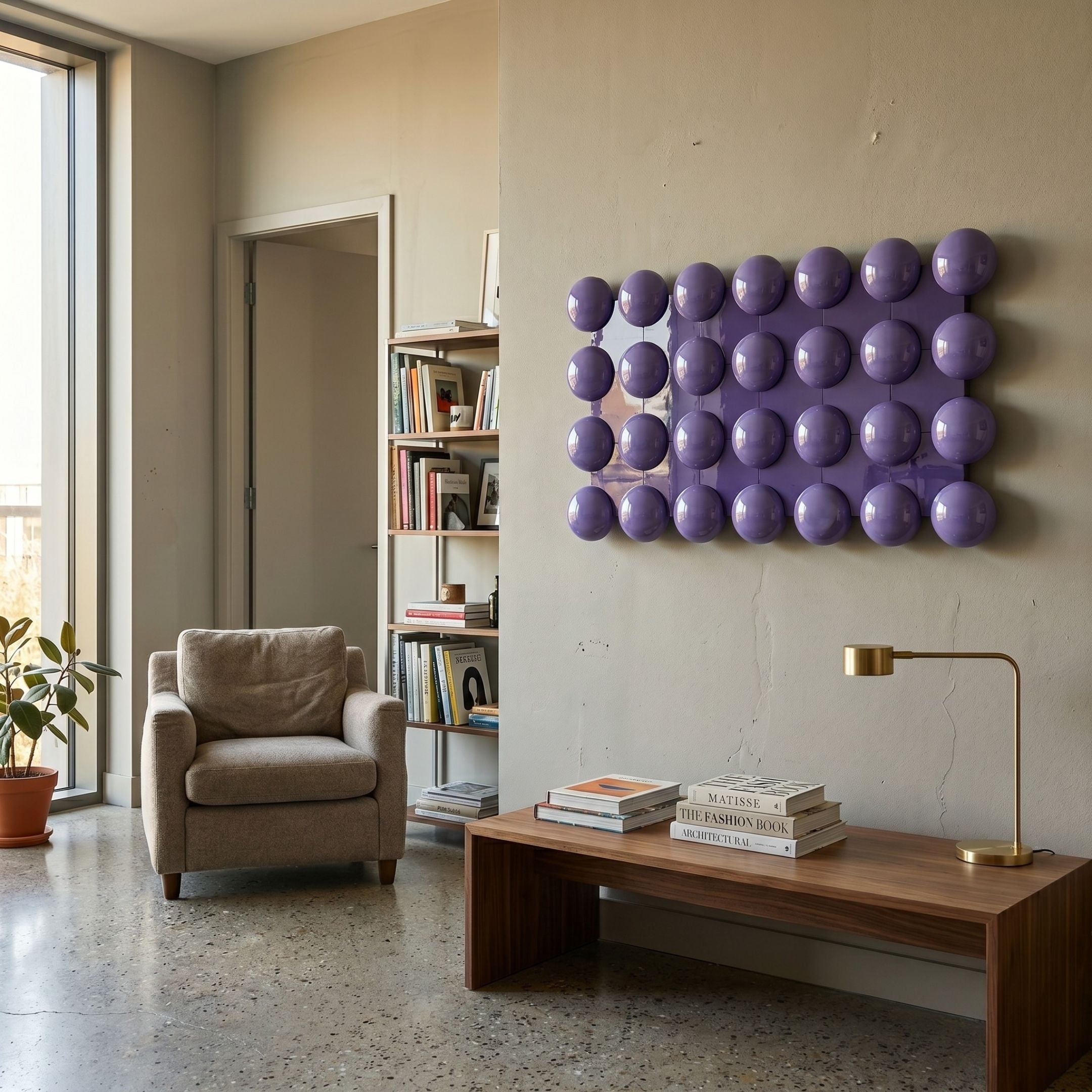 Orbessa Violet Bubble Grid Linear Acrylic 3D Wall Art by Giant Sculptures displayed above a walnut bench in a living room with armchair and bookshelf.
