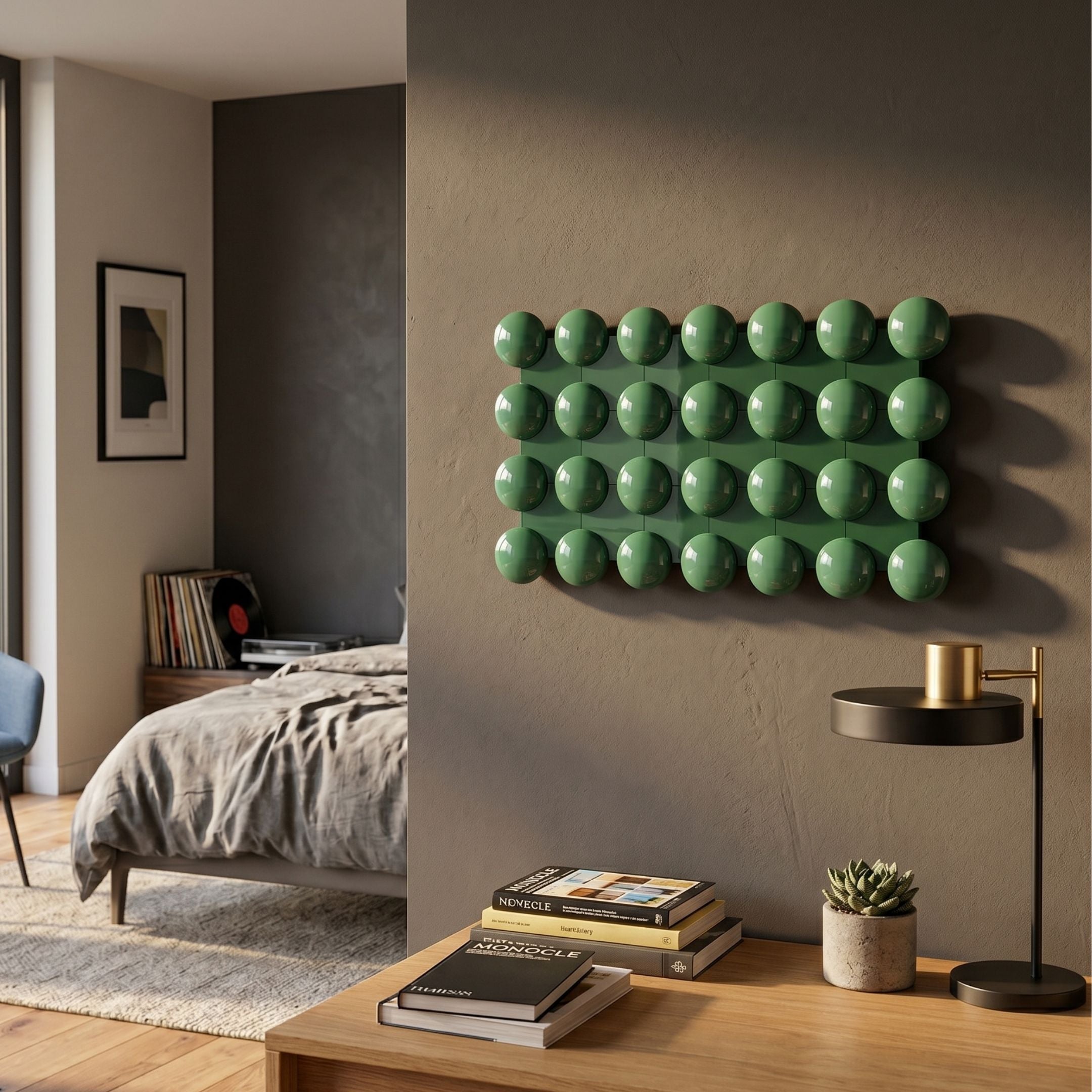 Orbessa Green Bubble Grid Linear Acrylic 3D Wall Art by Giant Sculptures, glossy green spheres in a 4x7 arrangement mounted above a console in a modern bedroom.