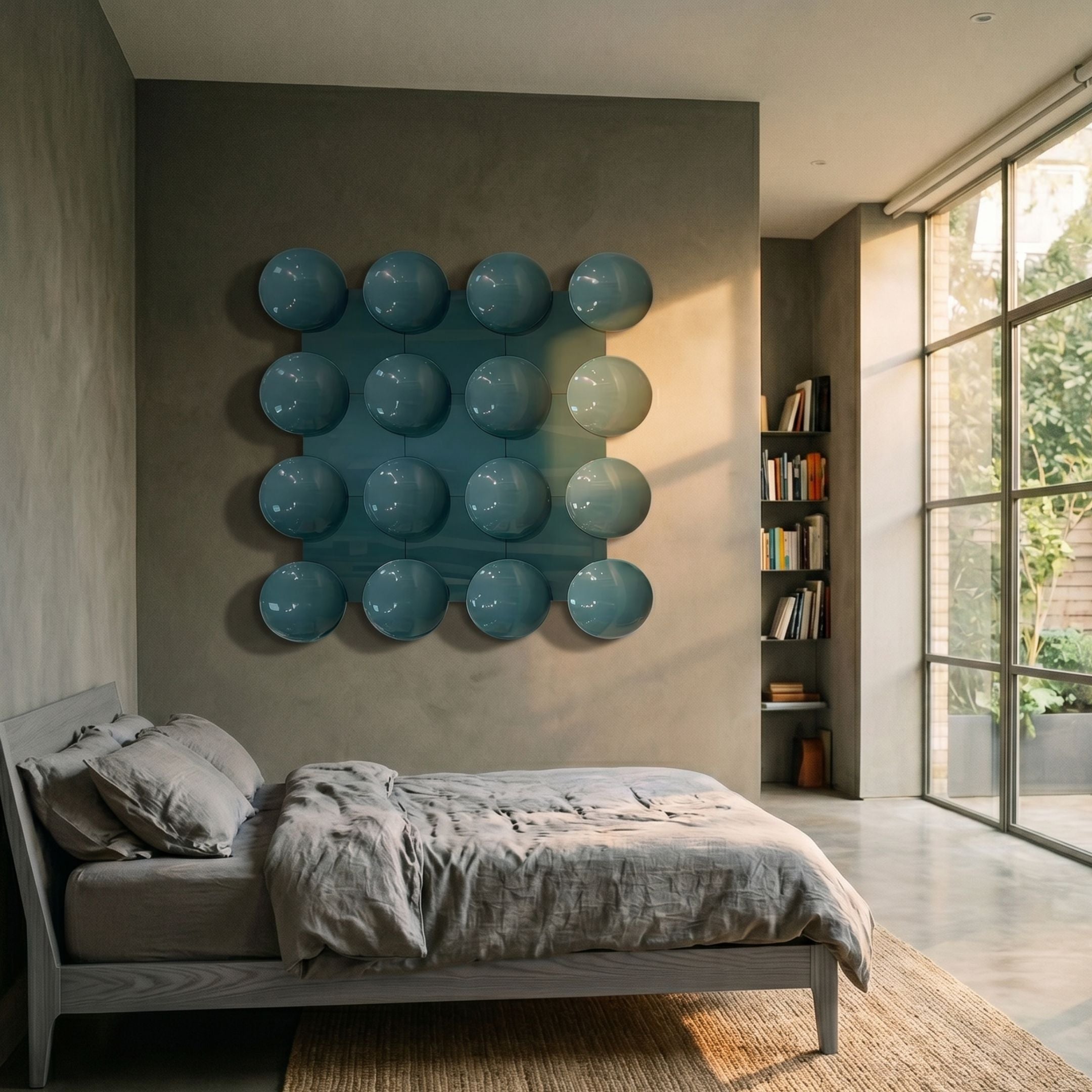 Orbessa Teal Bubble Grid Square Acrylic 3D Wall Art by Giant Sculptures displayed above a grey linen bed in a modern bedroom with a sunlit window.