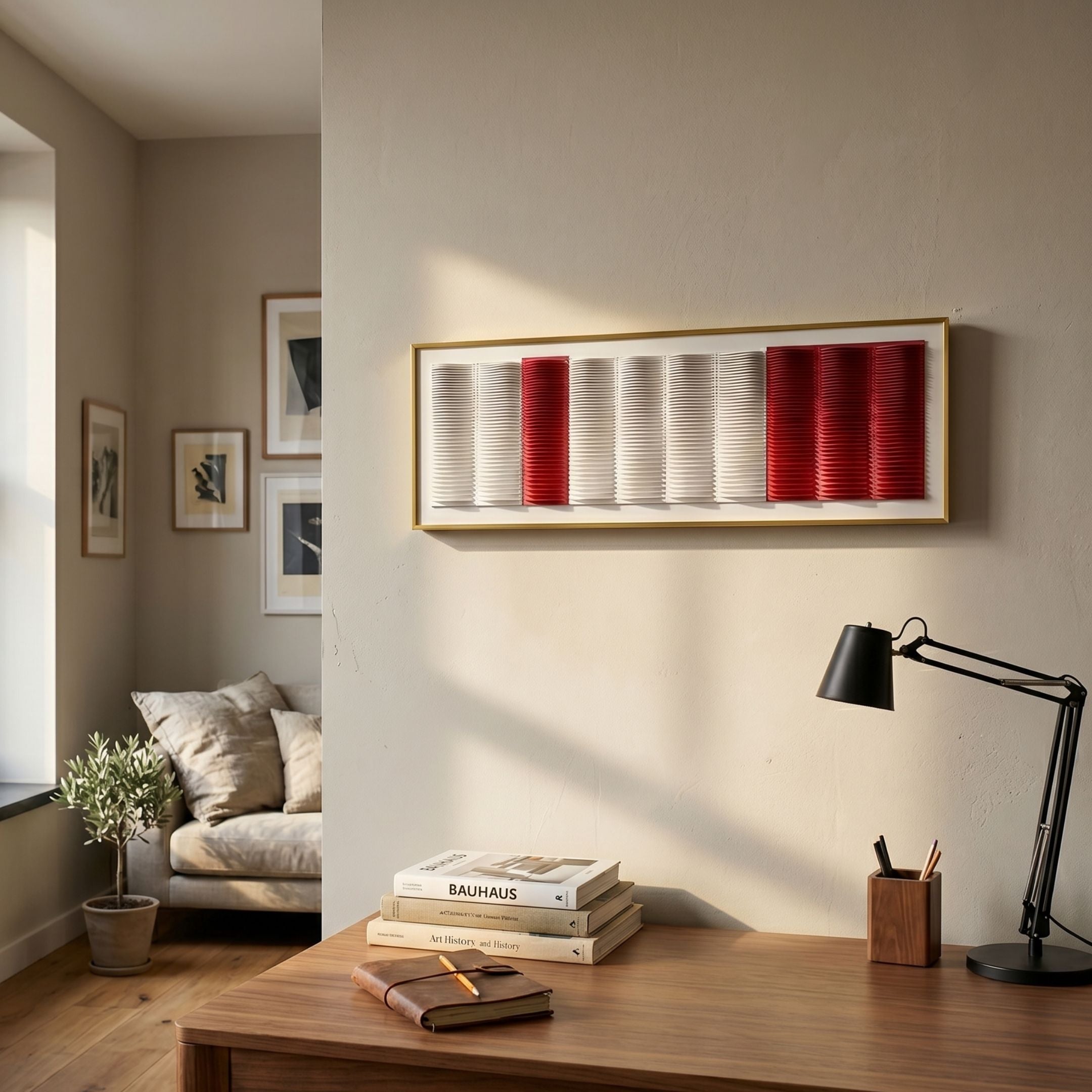 Striara White & Crimson Flow Stripe Acrylic 3D Wall Art by Giant Sculptures with rippled white and red panels in a slim gold frame, displayed above a desk.