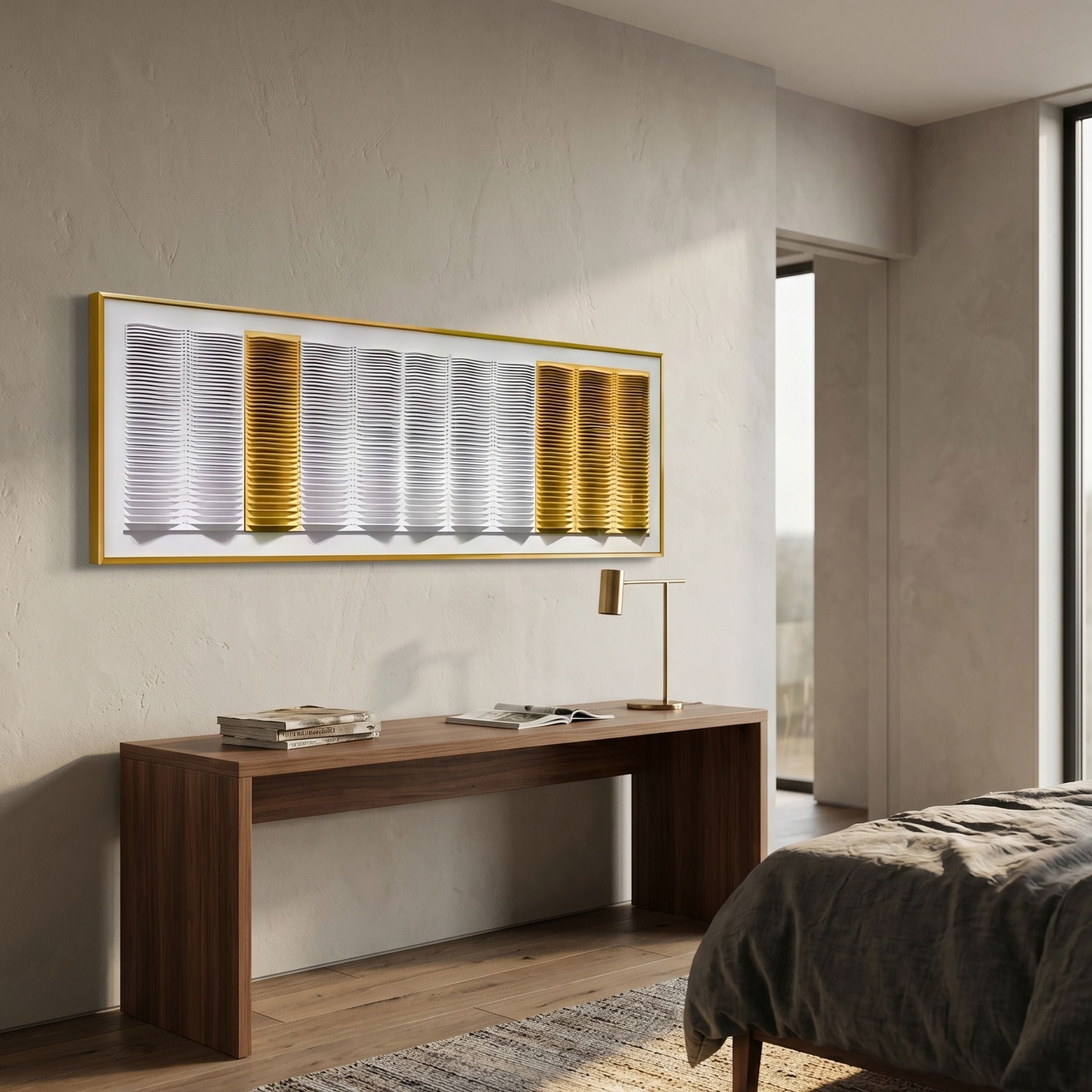 Striara White & Gold Flow Stripe Acrylic 3D Wall Art by Giant Sculptures mounted above a walnut console with brass lamp in a modern bedroom.