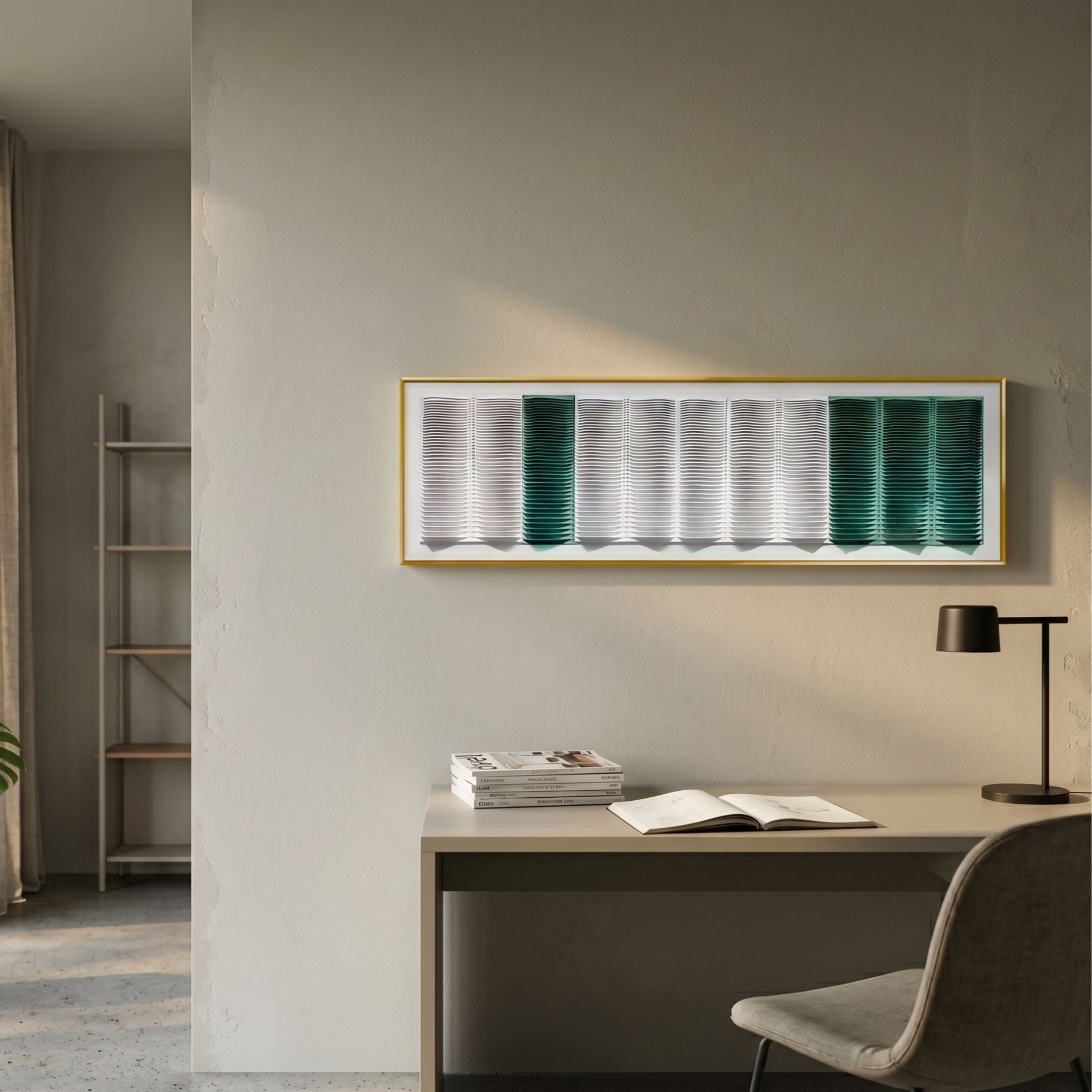 Striara White & Green Flow Stripe Acrylic 3D Wall Art by Giant Sculptures in a gold frame, mounted above a desk with lamp, books, and chair in a modern office.