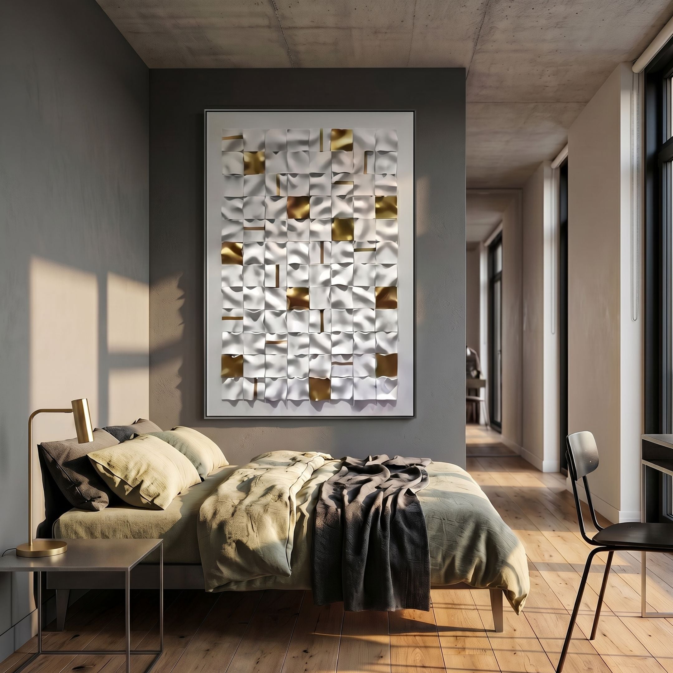Lucida Gold & White Vertical Framed Acrylic 3D Wall Art mounted above a bed with linen bedding in a modern bedroom with grey walls and wood floors.