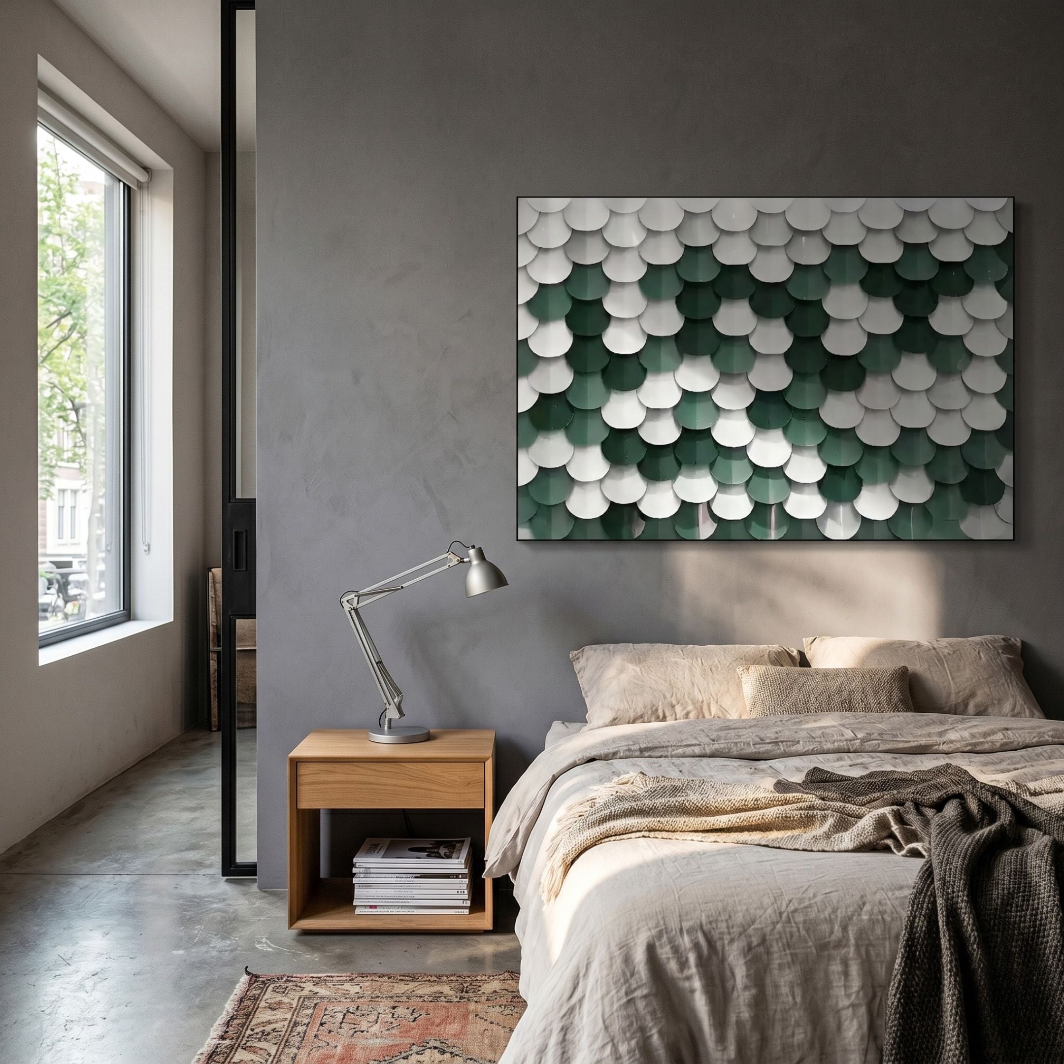 Scalara Deep Green & White Acrylic 3D Wall Art by Giant Sculptures displayed above a linen bed with wooden nightstand and angled desk lamp in a grey bedroom.