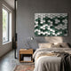 Scalara Deep Green & White Acrylic 3D Wall Art by Giant Sculptures displayed above a linen bed with wooden nightstand and angled desk lamp in a grey bedroom.