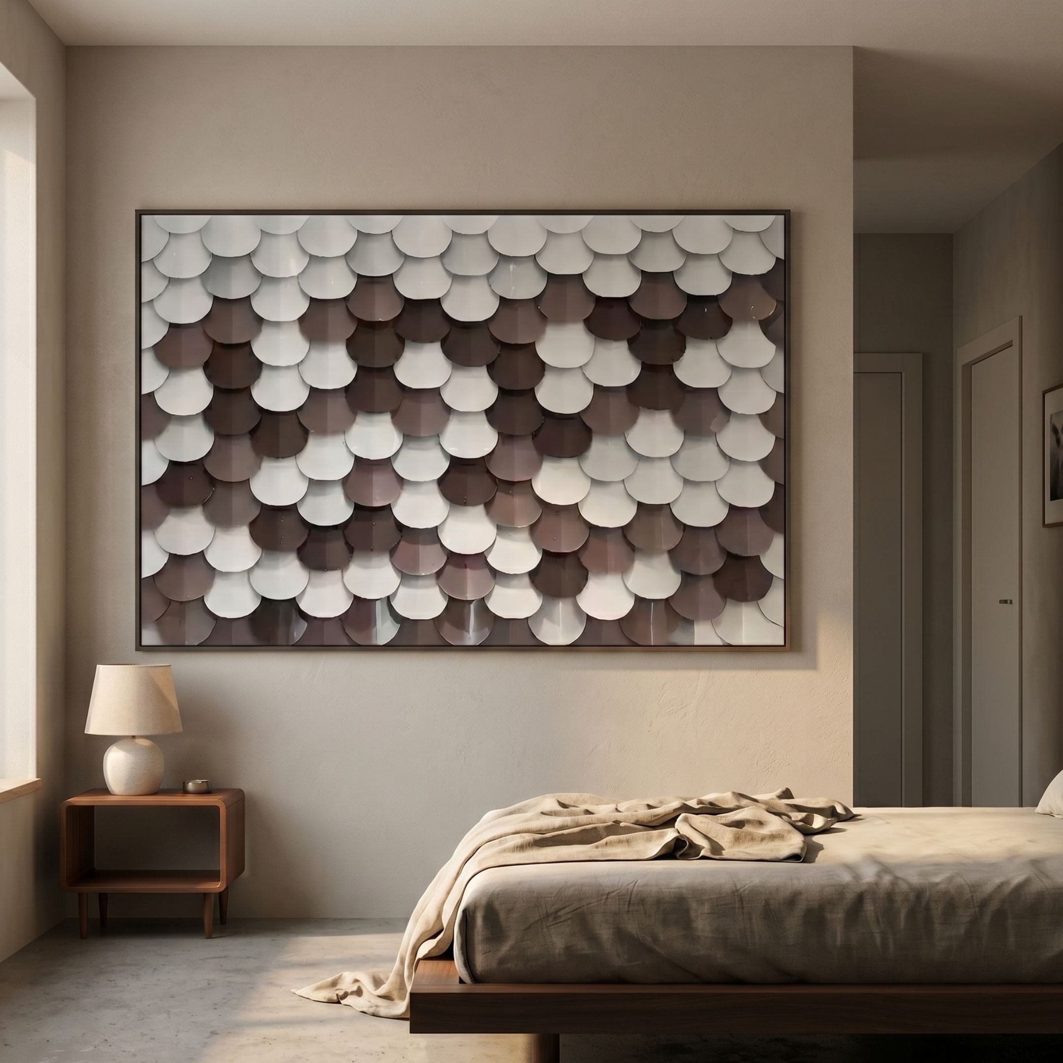 Scalara Brown & White Acrylic 3D Wall Art by Giant Sculptures mounted above a walnut nightstand and linen-dressed bed in a warm neutral bedroom.