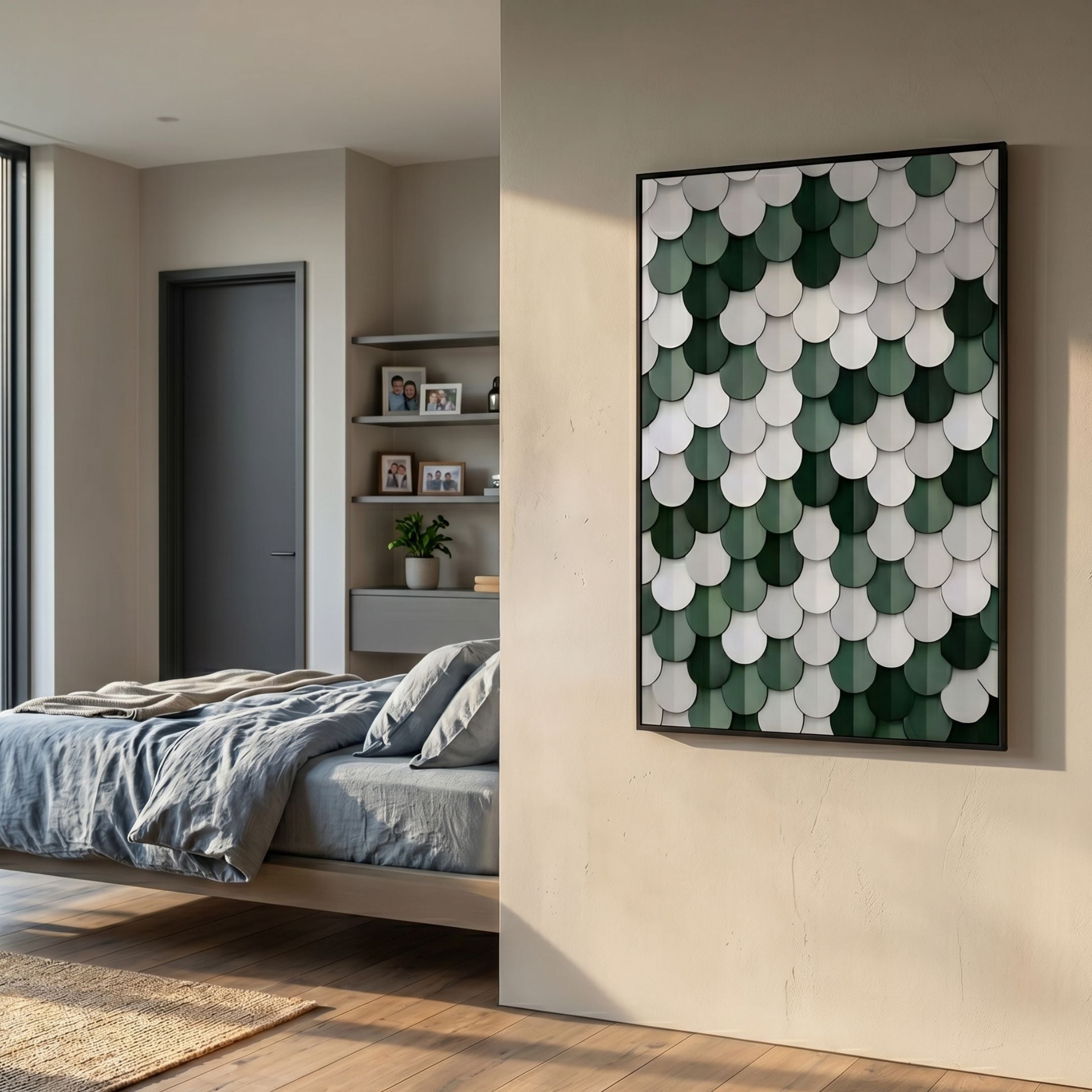 Scalara Deep Green & White Vertical Acrylic 3D Wall Art by Giant Sculptures mounted on a beige bedroom wall beside a bed with blue linen and shelves.