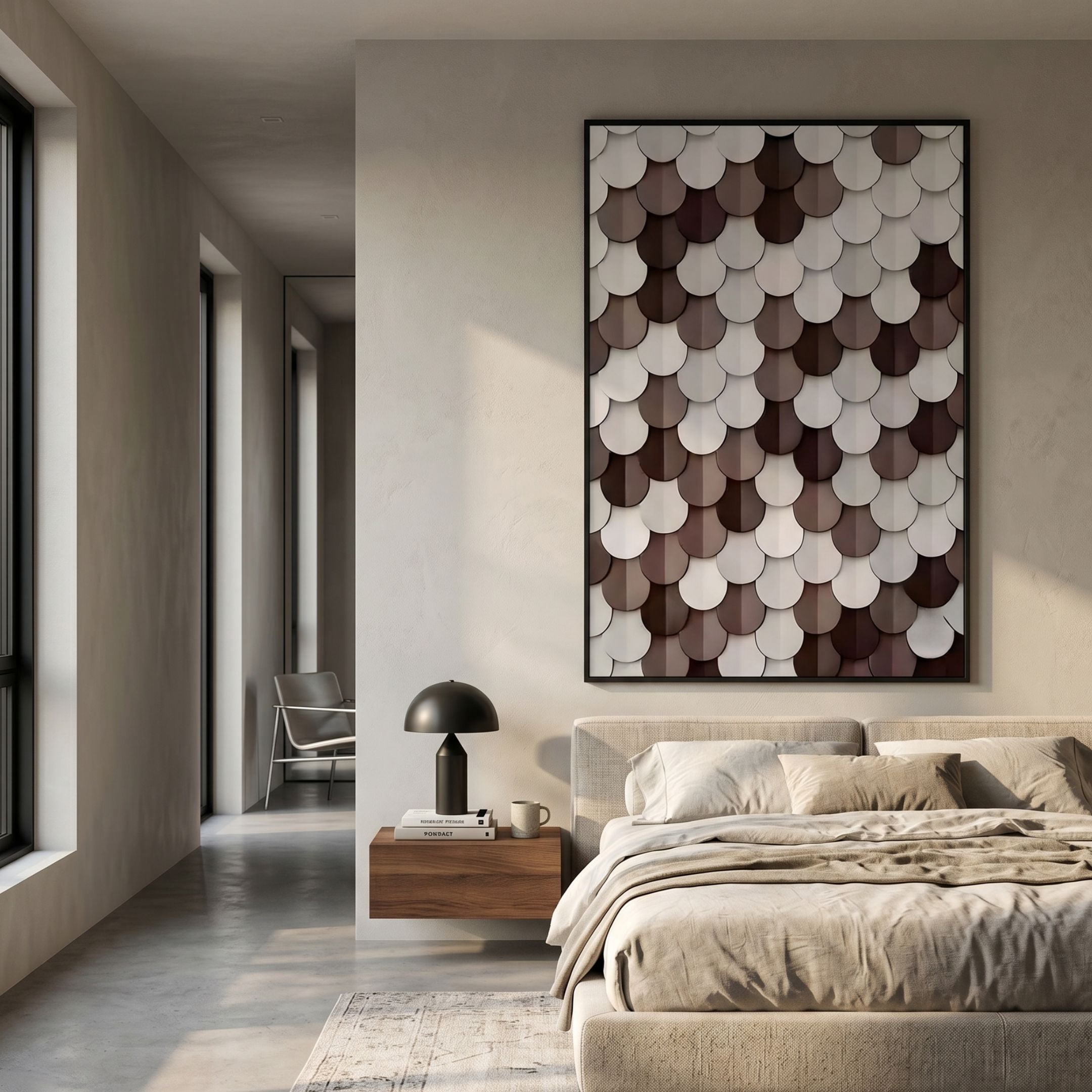 Scalara Brown & White Vertical Acrylic 3D Wall Art in a brushed frame above a linen bed, beside a dome lamp and walnut nightstand in a sunlit bedroom.
