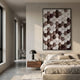 Scalara Brown & White Vertical Acrylic 3D Wall Art in a brushed frame above a linen bed, beside a dome lamp and walnut nightstand in a sunlit bedroom.