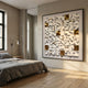 Lucida Gold & White Acrylic Square Framed 3D Wall Art mounted in a modern bedroom above wooden flooring, beside a grey-linen bed and white reading lamp.