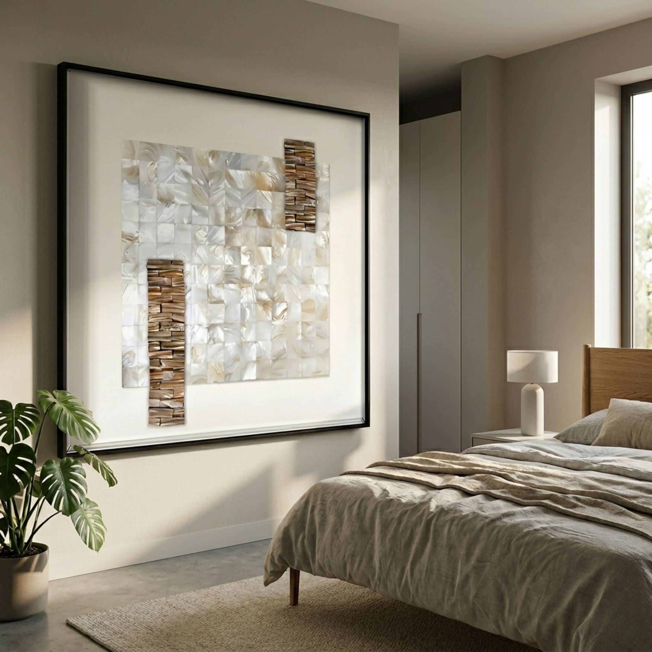 Lustrosa Pearl & Shell Mosaic IV 3D Wall Art by Giant Sculptures, framed above a bed in a neutral bedroom with monstera plant, wardrobe, and lamp nearby.