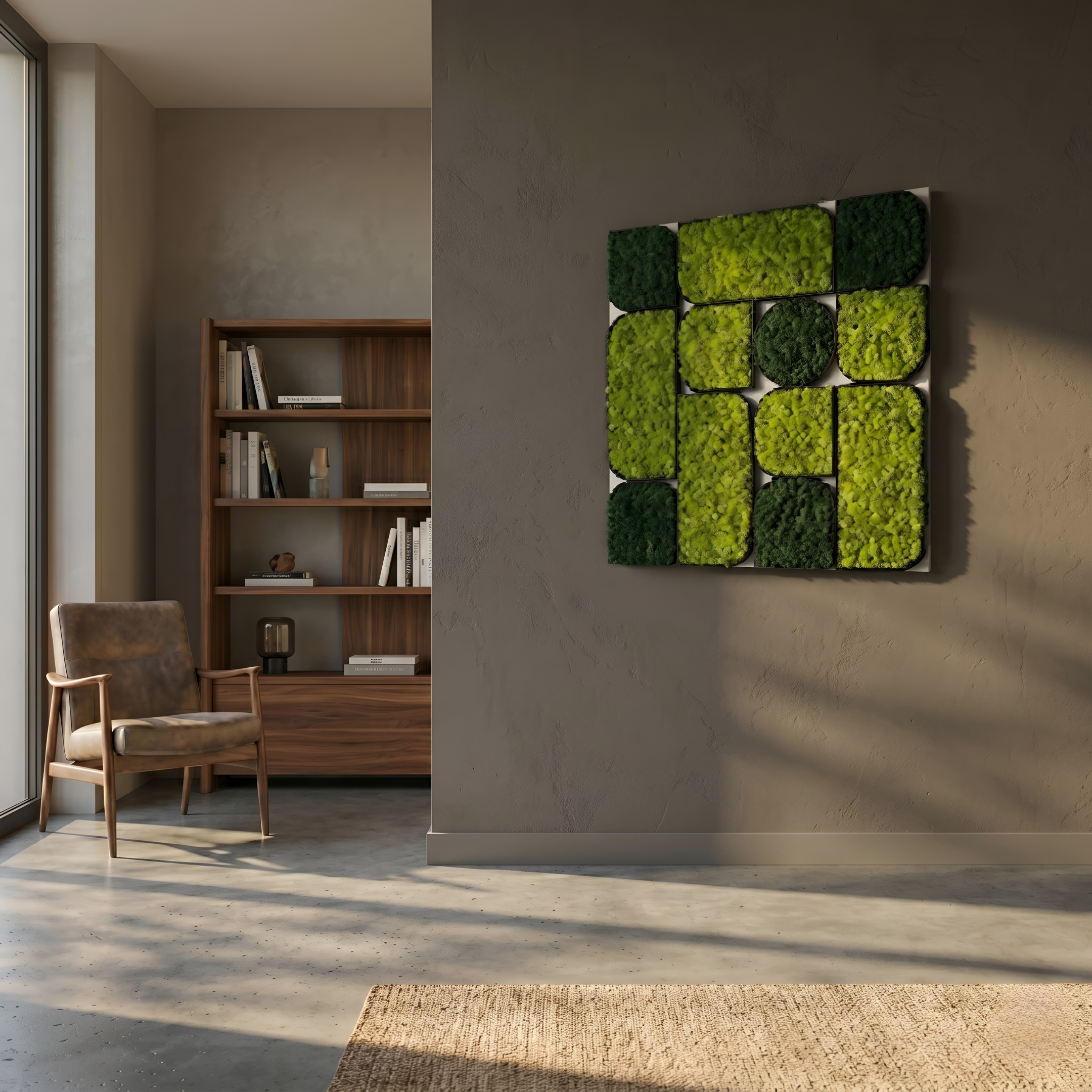 Verdura Square Green Moss Mosaic 3D Wall Art by Giant Sculptures displayed on a taupe wall in a modern room with a leather armchair and walnut bookshelf.