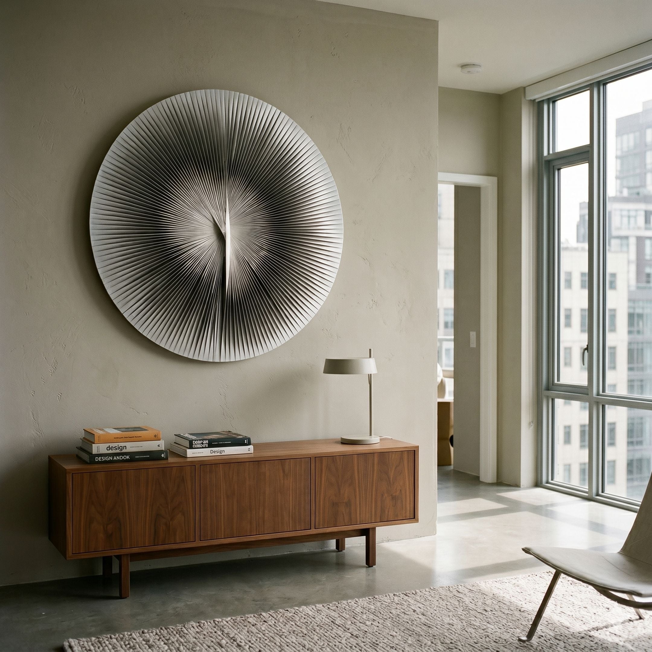 Lustara Black Gradient Circular Leather 3D Wall Art by Giant Sculptures mounted above a walnut sideboard with design books and a lamp in a modern apartment.