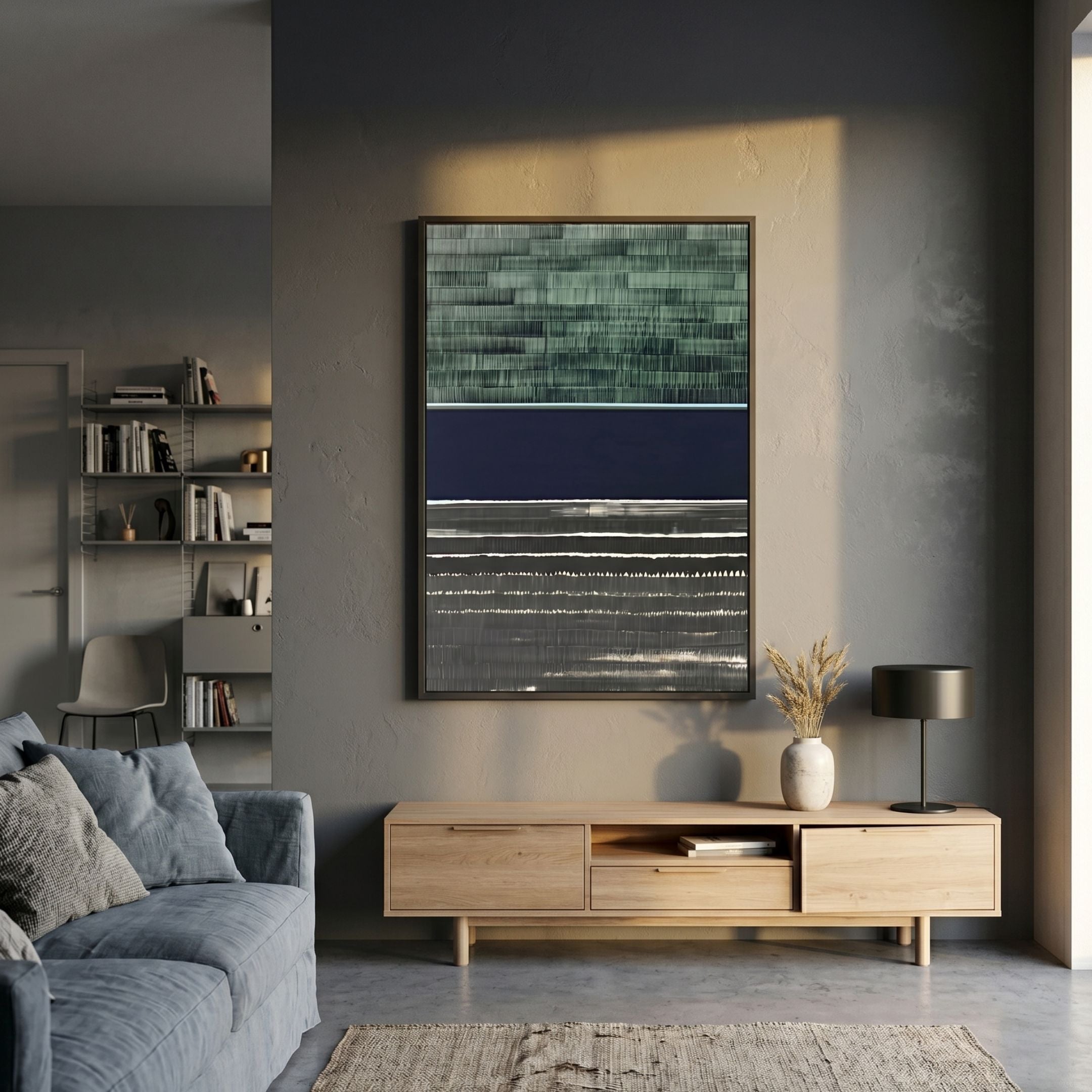 Chromastrata Verdant & Navy Layered 3D Wall Art by Giant Sculptures displayed vertically above a wooden console in a modern grey living room.