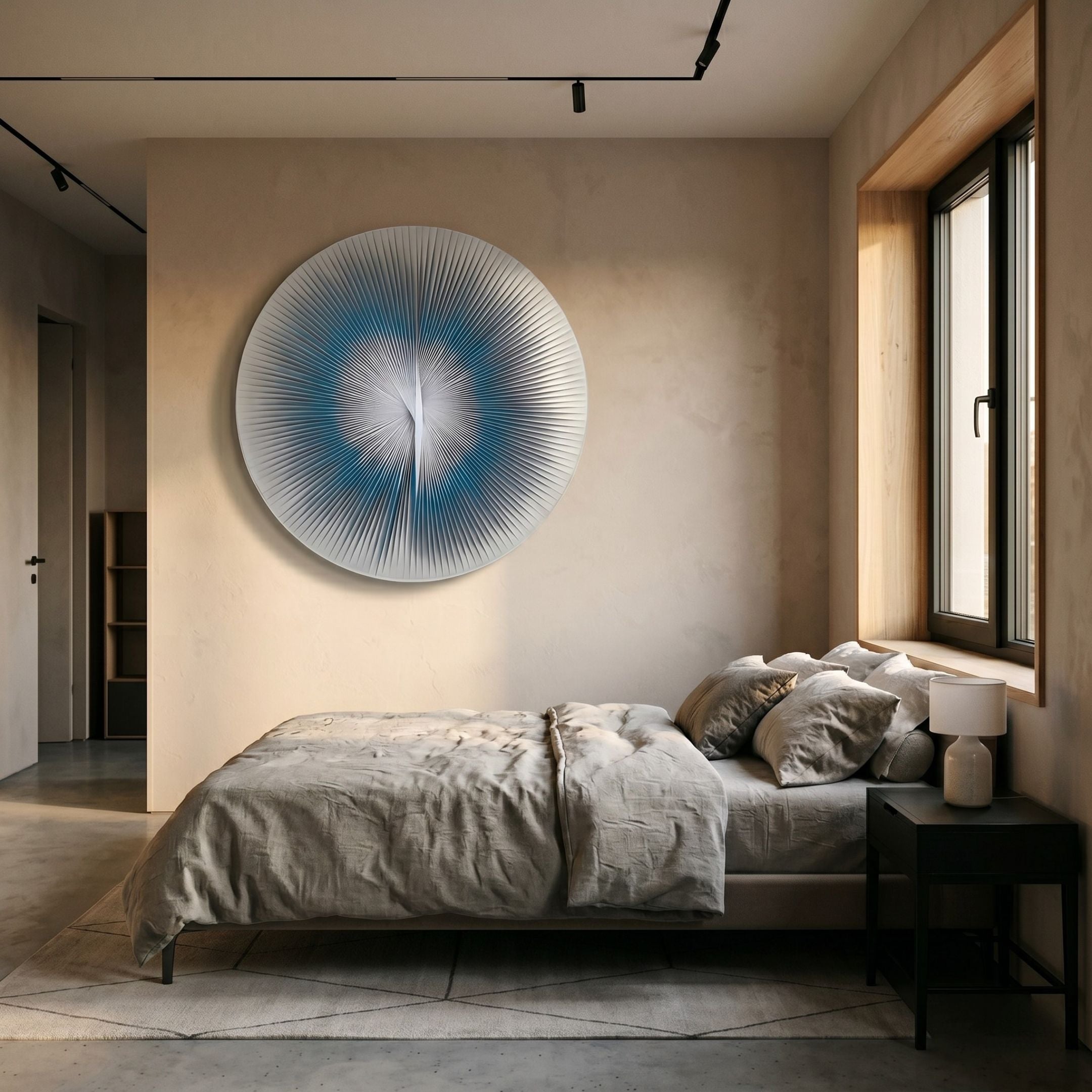 Lustara Blue Gradient Circular Leather 3D Wall Art mounted above a linen-dressed bed in a modern bedroom with beige walls and a wooden window frame.
