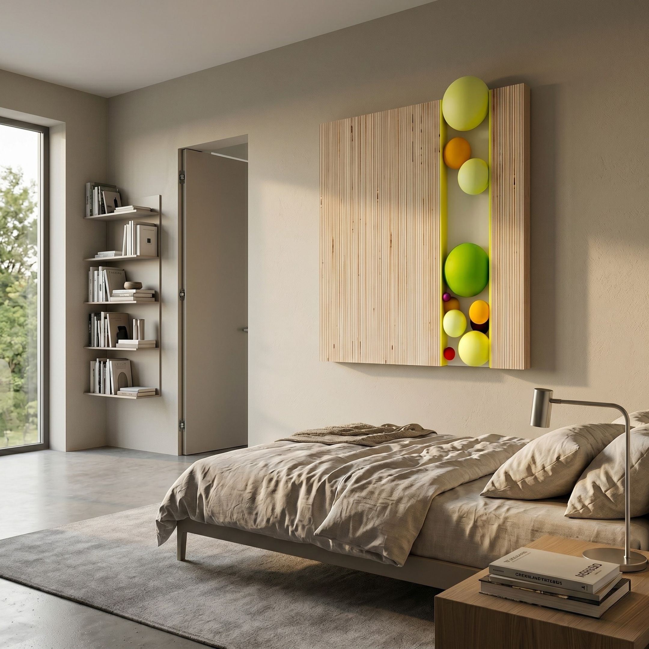 Chromara Green & Yellow Sphere Cascade 3D Wall Art by Giant Sculptures, striped wood panel with cascading green and yellow spheres, mounted above a linen-dressed bed.