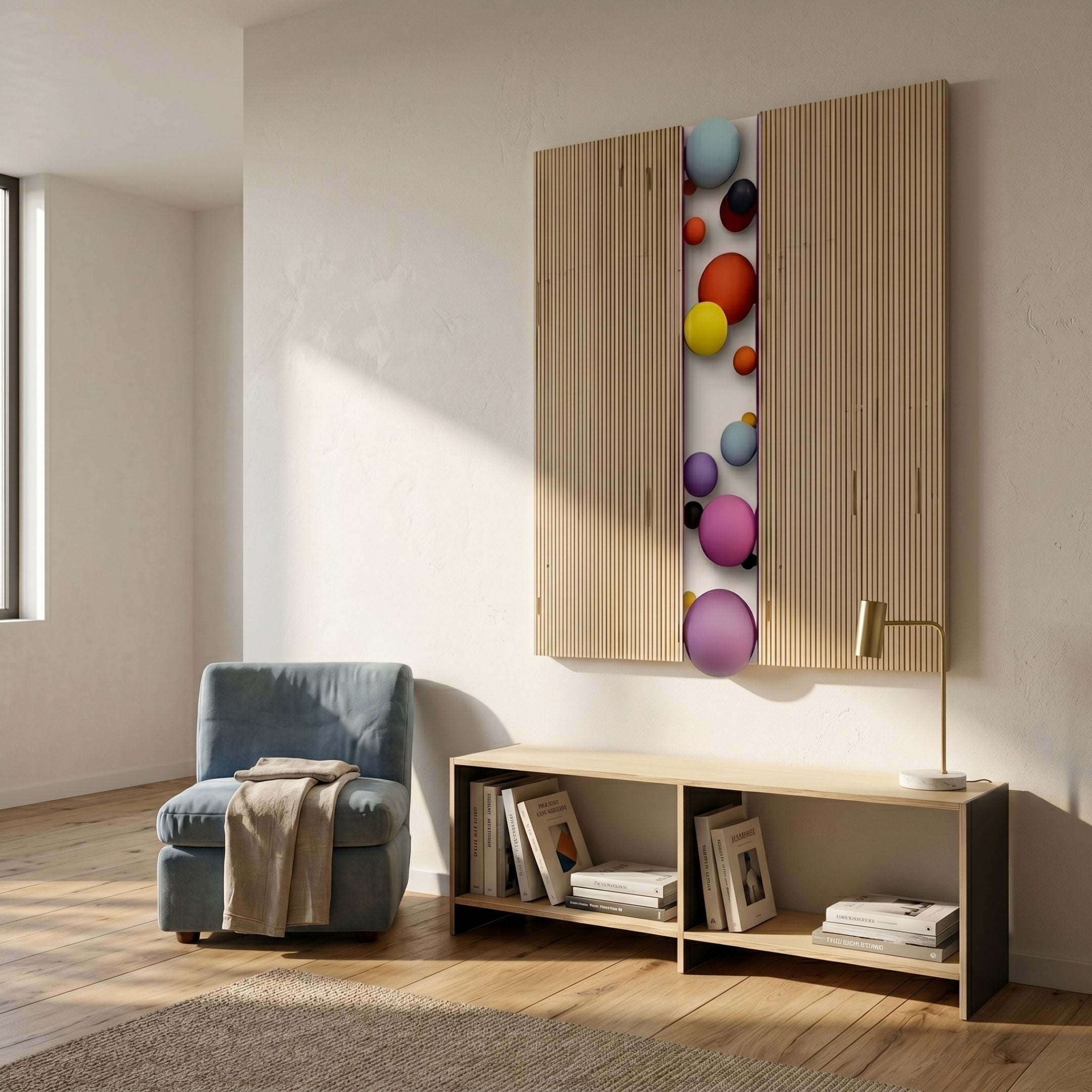 Chromara Multicolour Sphere Cascade 3D Wall Art by Giant Sculptures mounted above a wooden console and blue armchair in a sunlit Nordic living room.