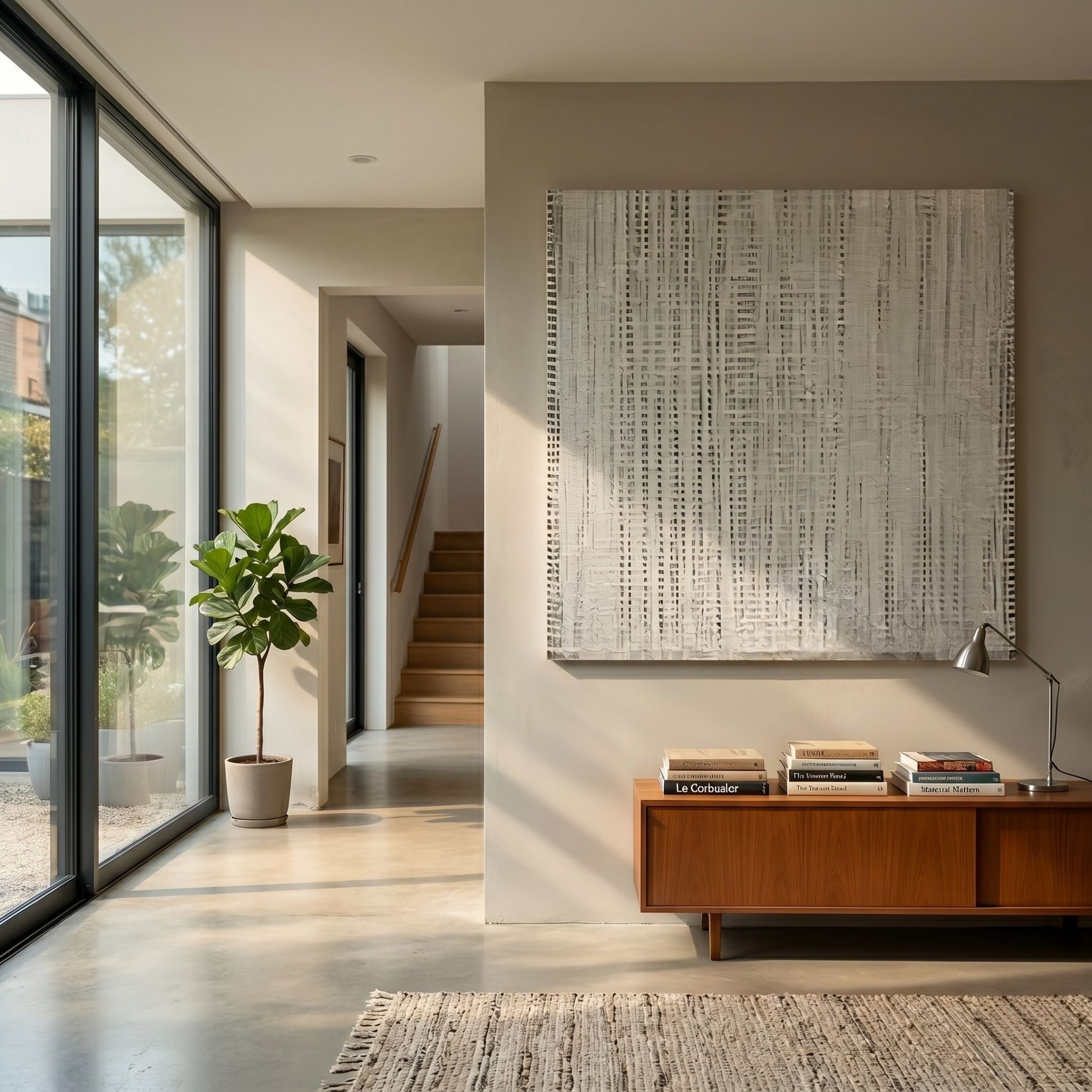 Textura Lattice Linen Weave Relief 3D Wall Art by Giant Sculptures, a large square grey and white textured canvas displayed above a teak console in a sunlit modern hallway.