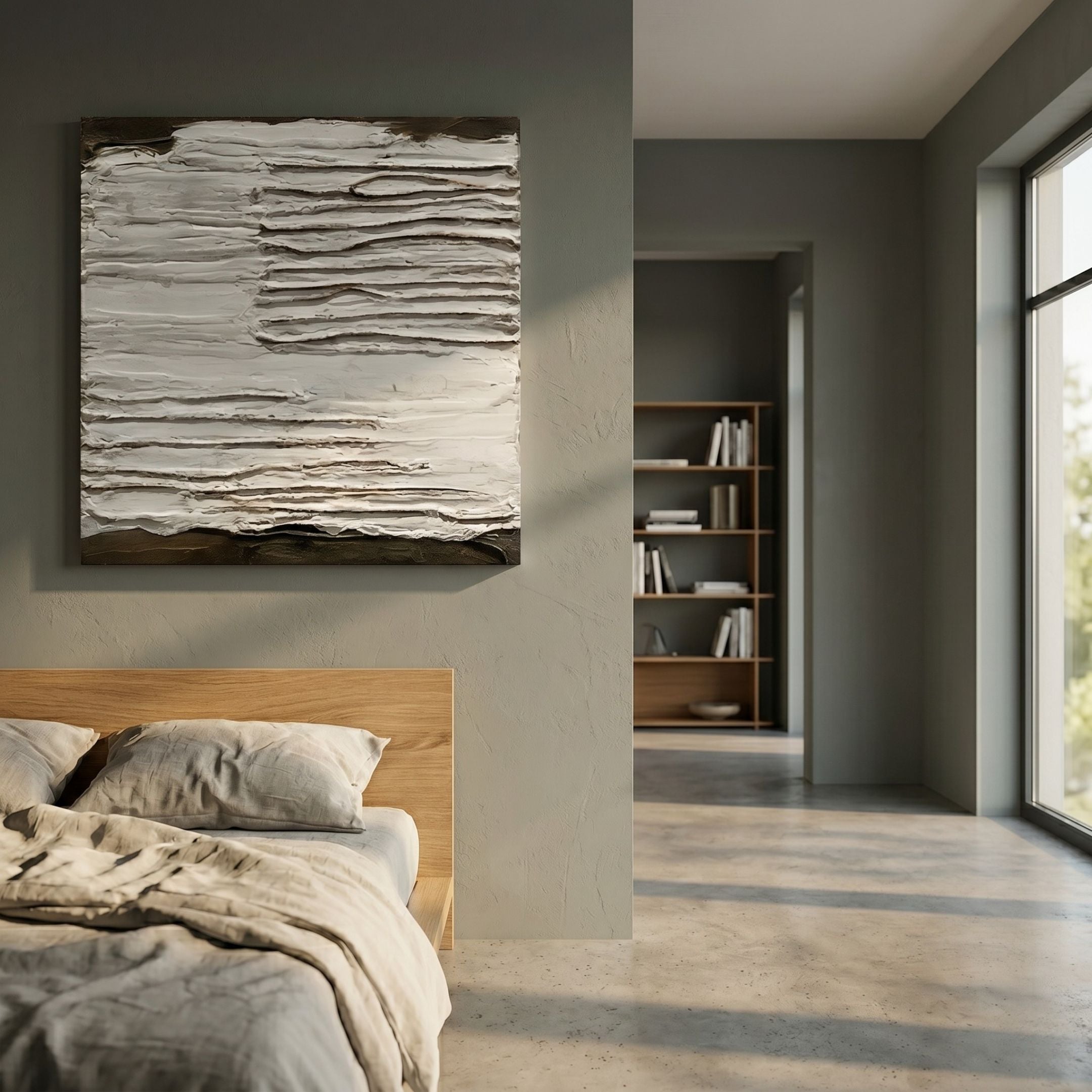 Textura Sculptural Plaster Ridges 3D Wall Art by Giant Sculptures displayed above an oak bed in a sage-green bedroom with linen bedding and a hallway bookshelf.