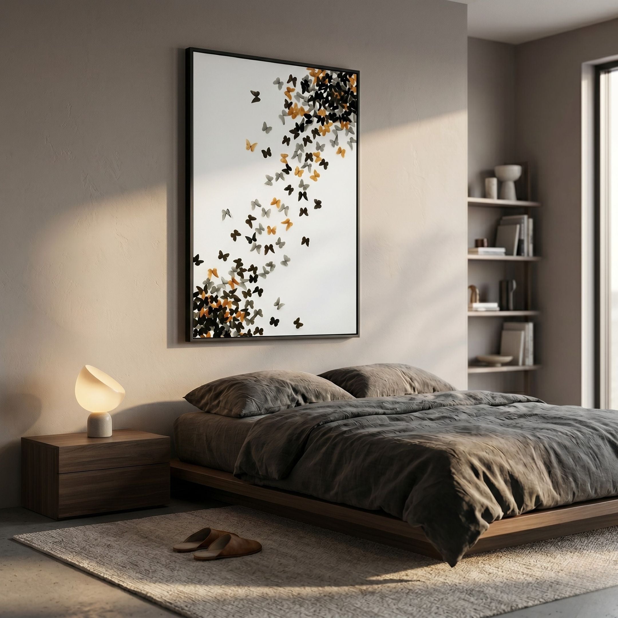 Lepora Drift Flight Butterfly 3D Wall Art by Giant Sculptures, with black, grey, and orange acrylic butterflies on white, displayed above a bed in a modern bedroom.