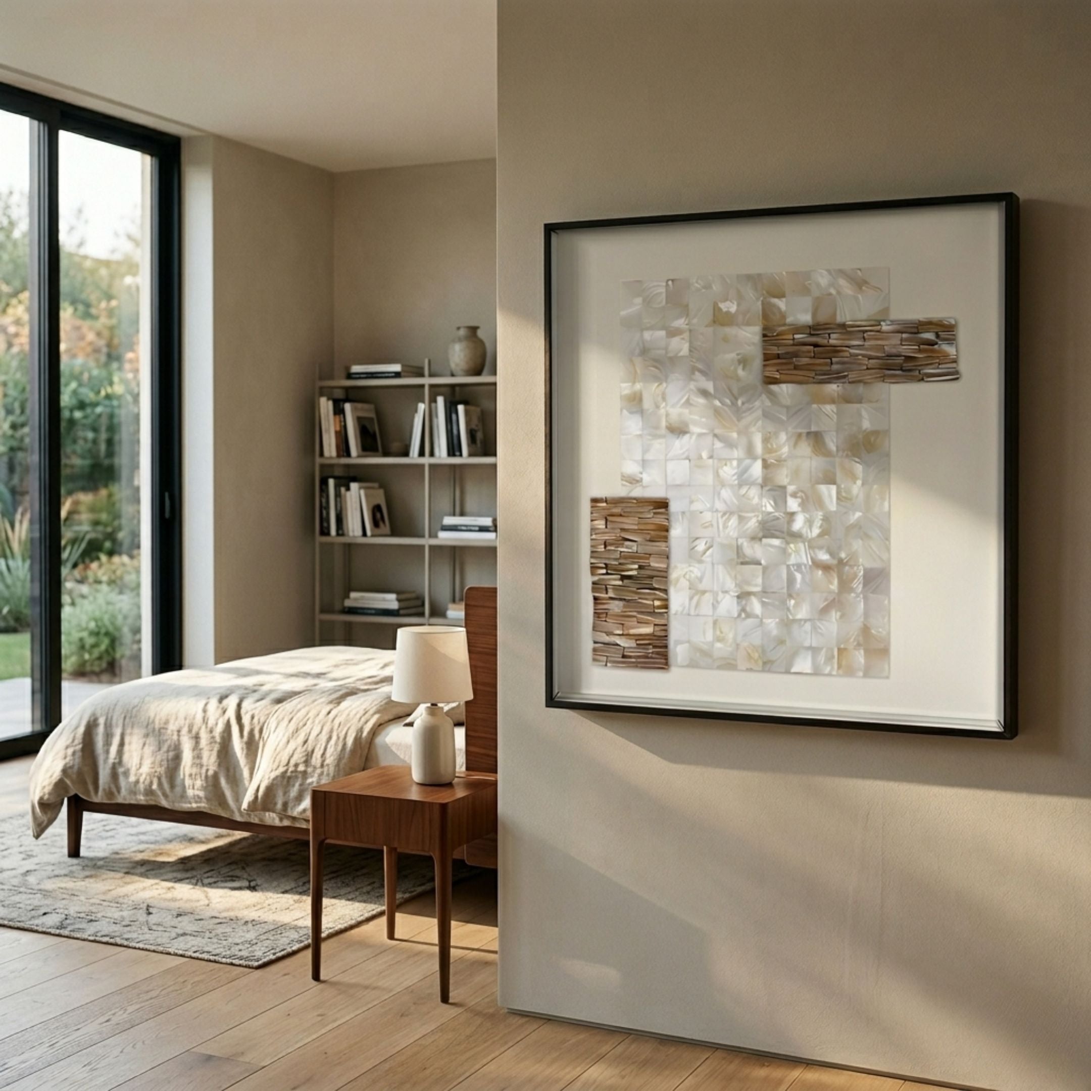 Lustrosa Pearl & Shell Mosaic III 3D Wall Art by Giant Sculptures, framed in black and mounted on a beige bedroom wall beside a linen bed and bookshelf.