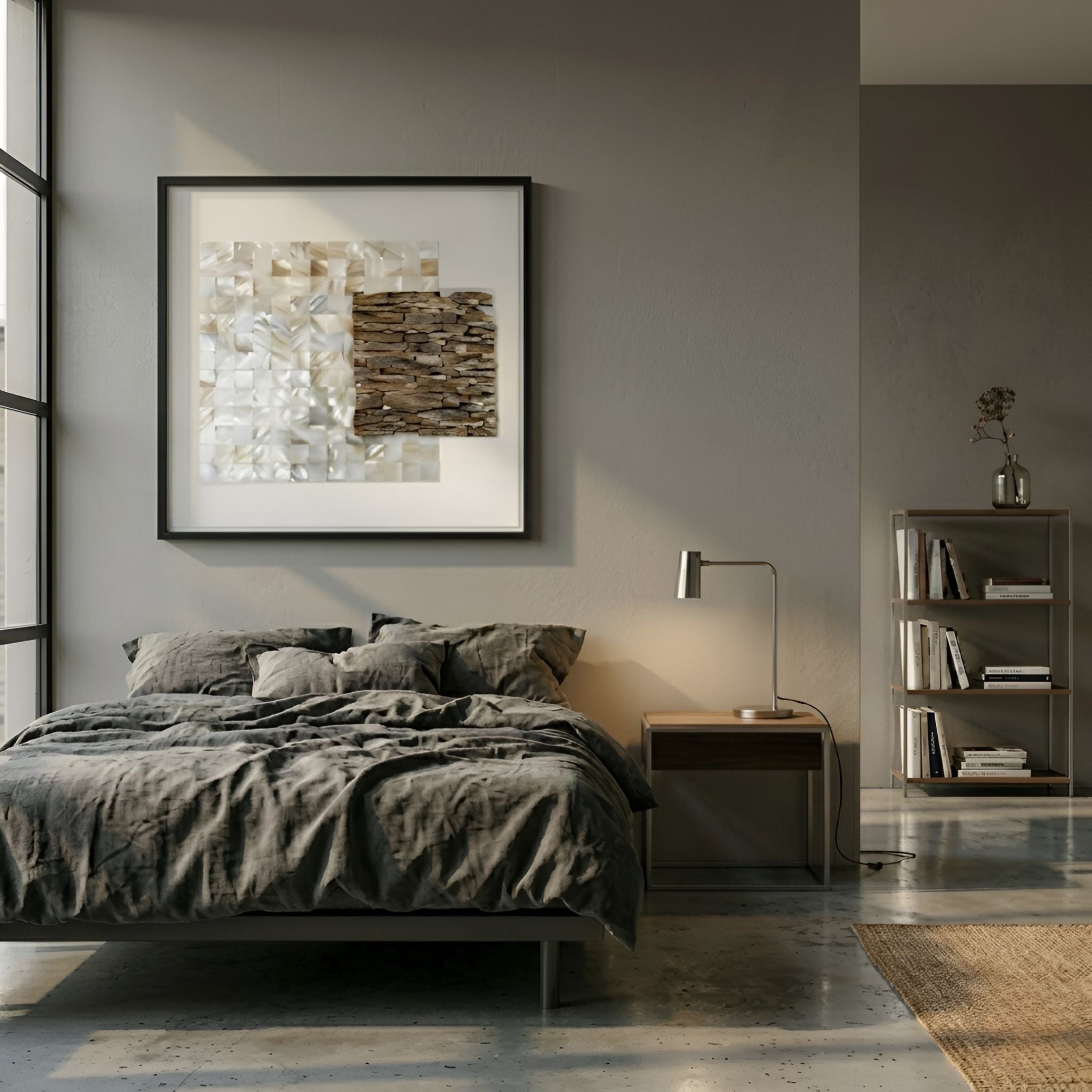Lustrosa Pearl & Shell Mosaic I 3D Wall Art by Giant Sculptures, framed above a bed with grey linen in a modern bedroom with concrete floor and bookshelf.