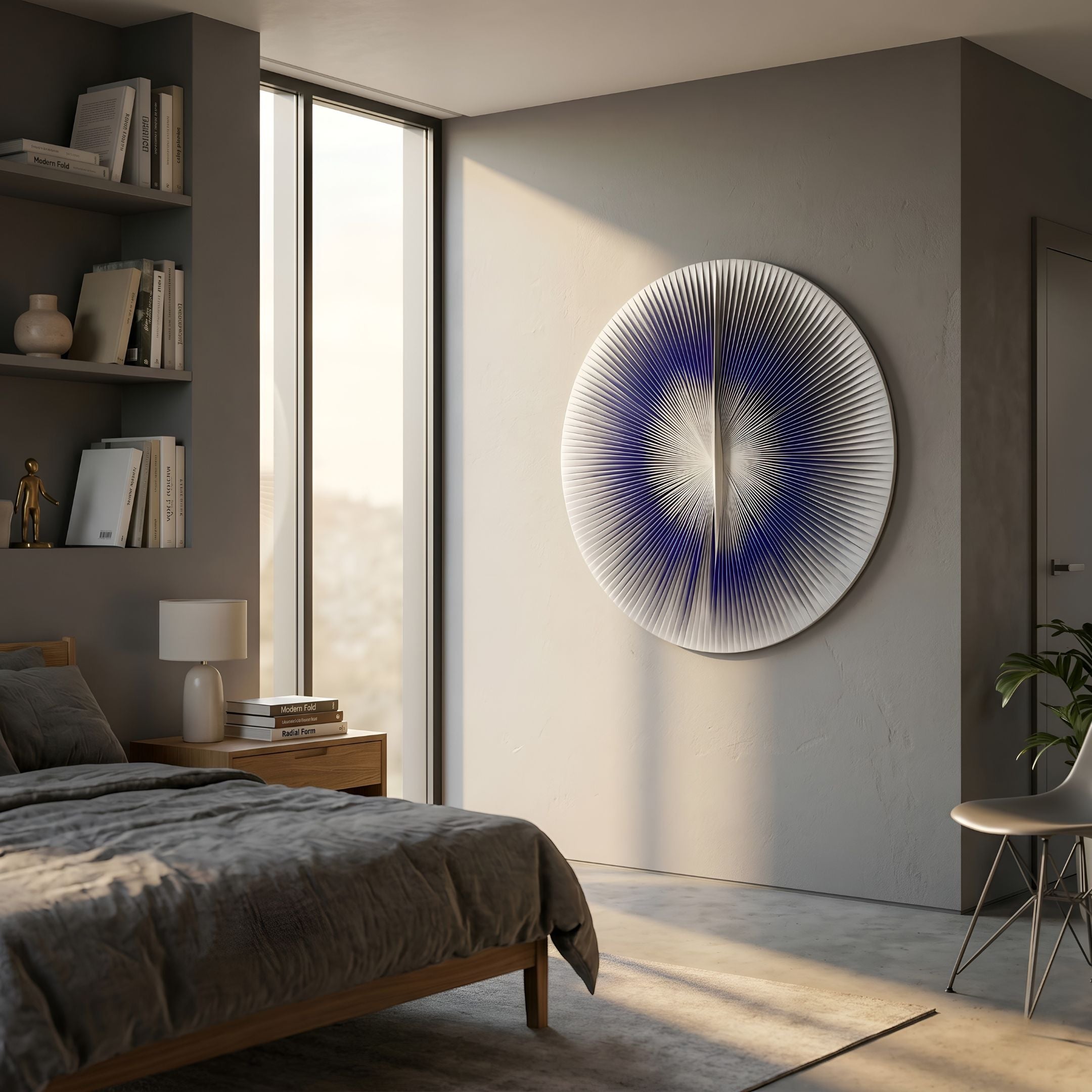 Lustara Violet Gradient Circular Leather 3D Wall Art by Giant Sculptures mounted in a modern bedroom with grey walls, wood bed, and bookshelf by a window.
