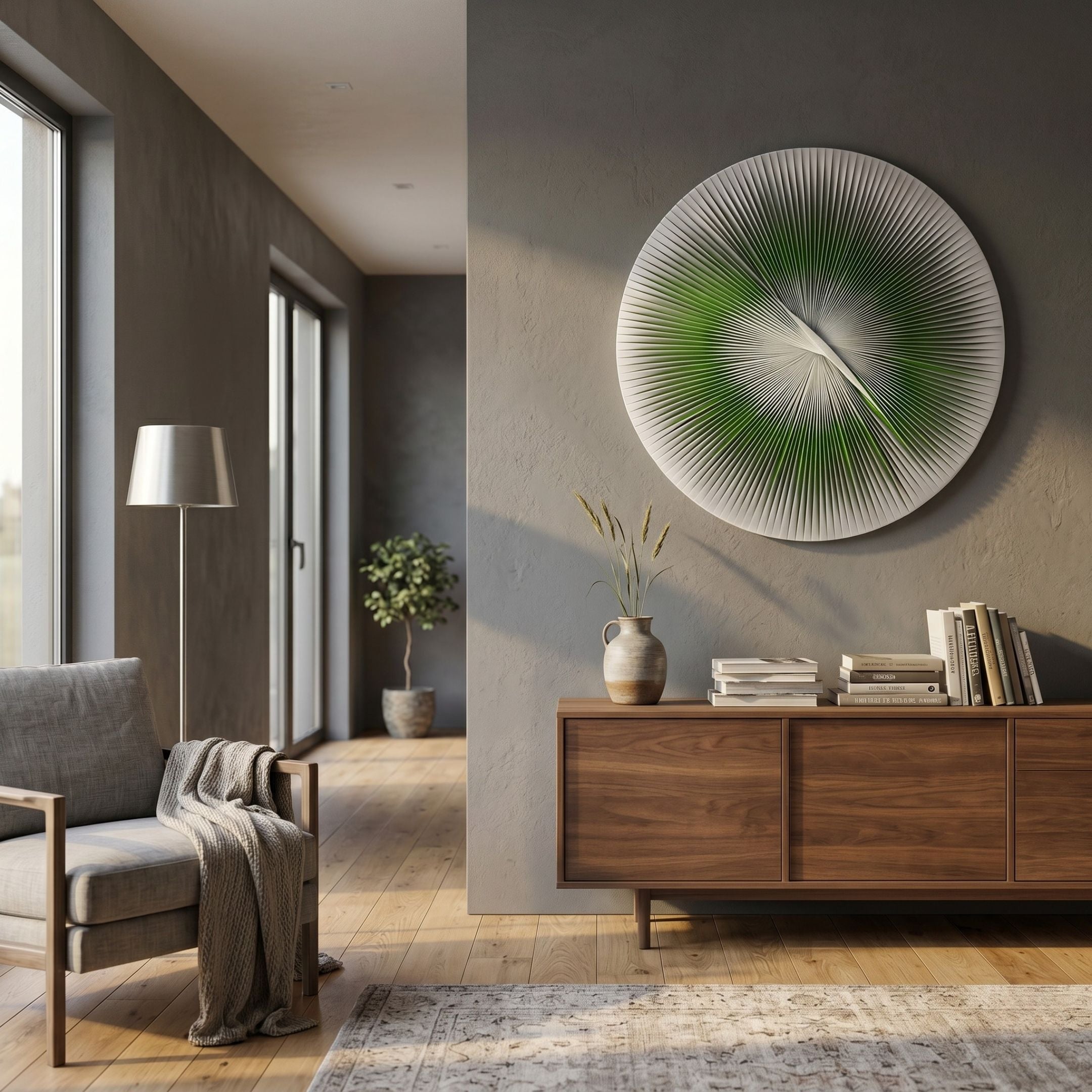 Lustara Green Gradient Circular Leather 3D Wall Art mounted on a grey wall above a walnut sideboard in a modern living room with armchair and floor lamp.